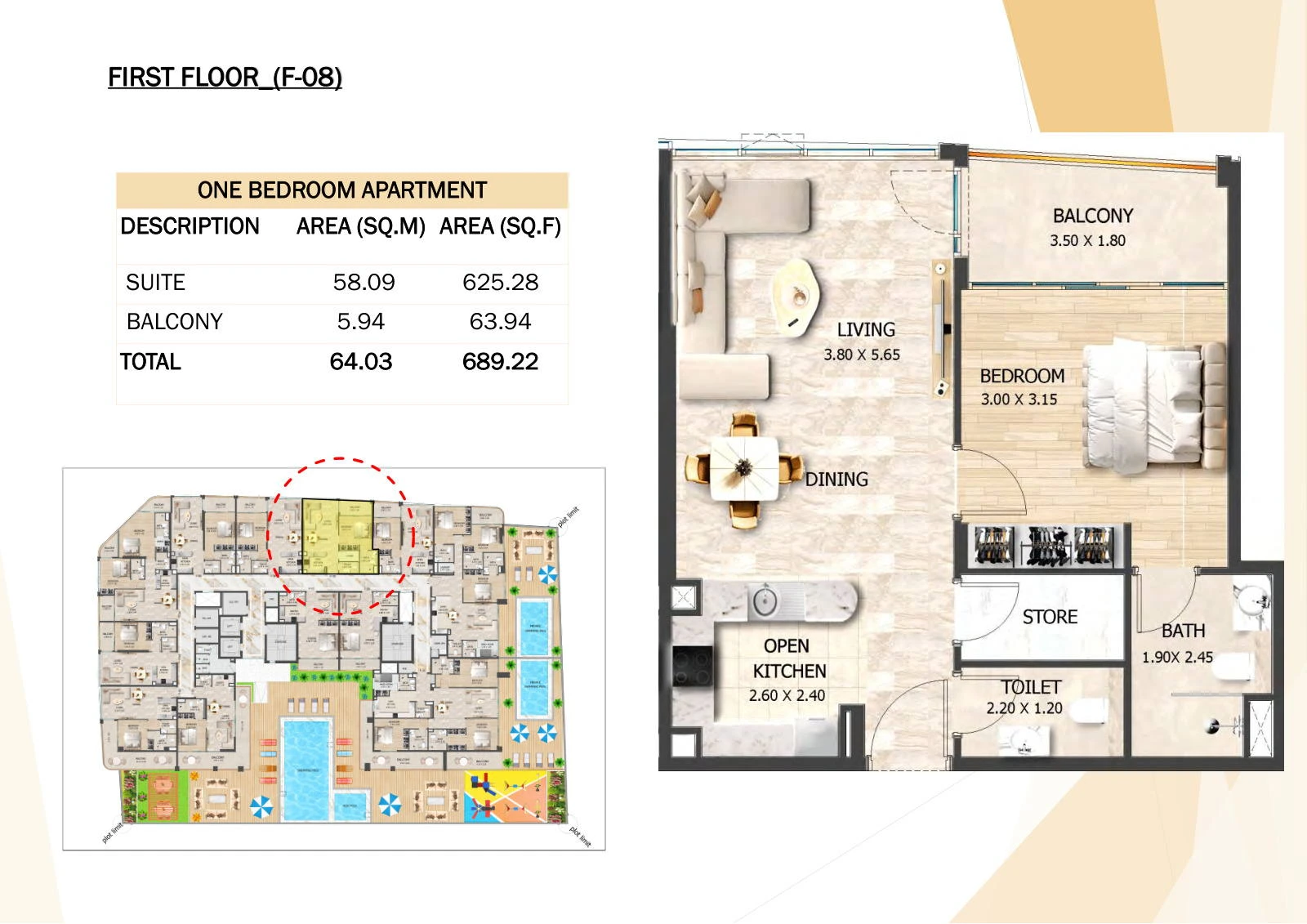 Crystal Tower 1-bedroom F-08 apartment floor plan, First Floor, 689.22 sq ft.