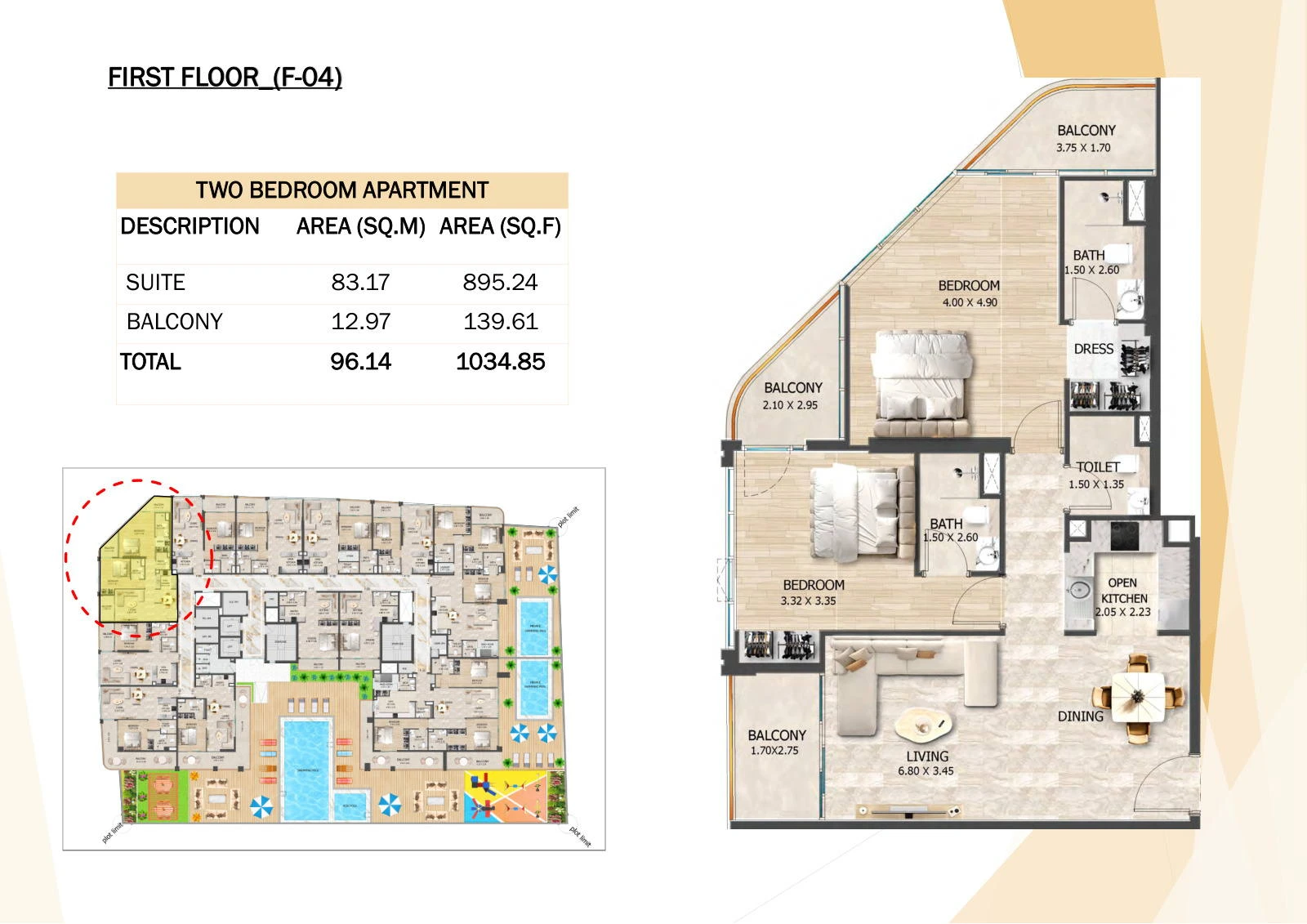 Crystal Tower 2-bedroom F-04 apartment floor plan, First Floor, 1,034.85 sq ft.