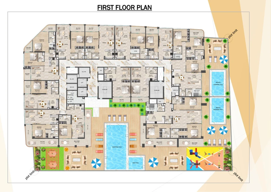 Crystal Tower first-floor amenity and apartment plan, including the shared leisure deck, pool, play area and private-pool terraces.