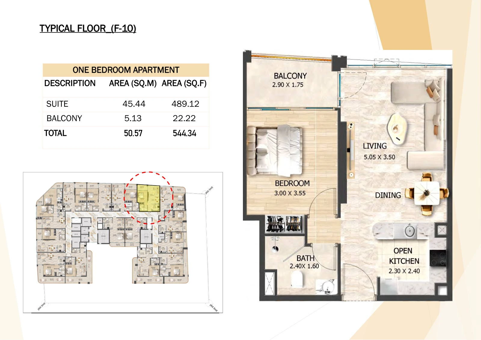 Crystal Tower 1-bedroom F-10 apartment floor plan, Typical Floors 2-7, 544.34 sq ft.