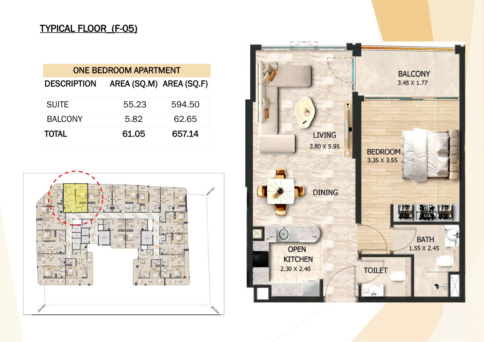Crystal Tower 1-bedroom F-05 apartment floor plan, Typical Floors 2-7, 657.14 sq ft.
