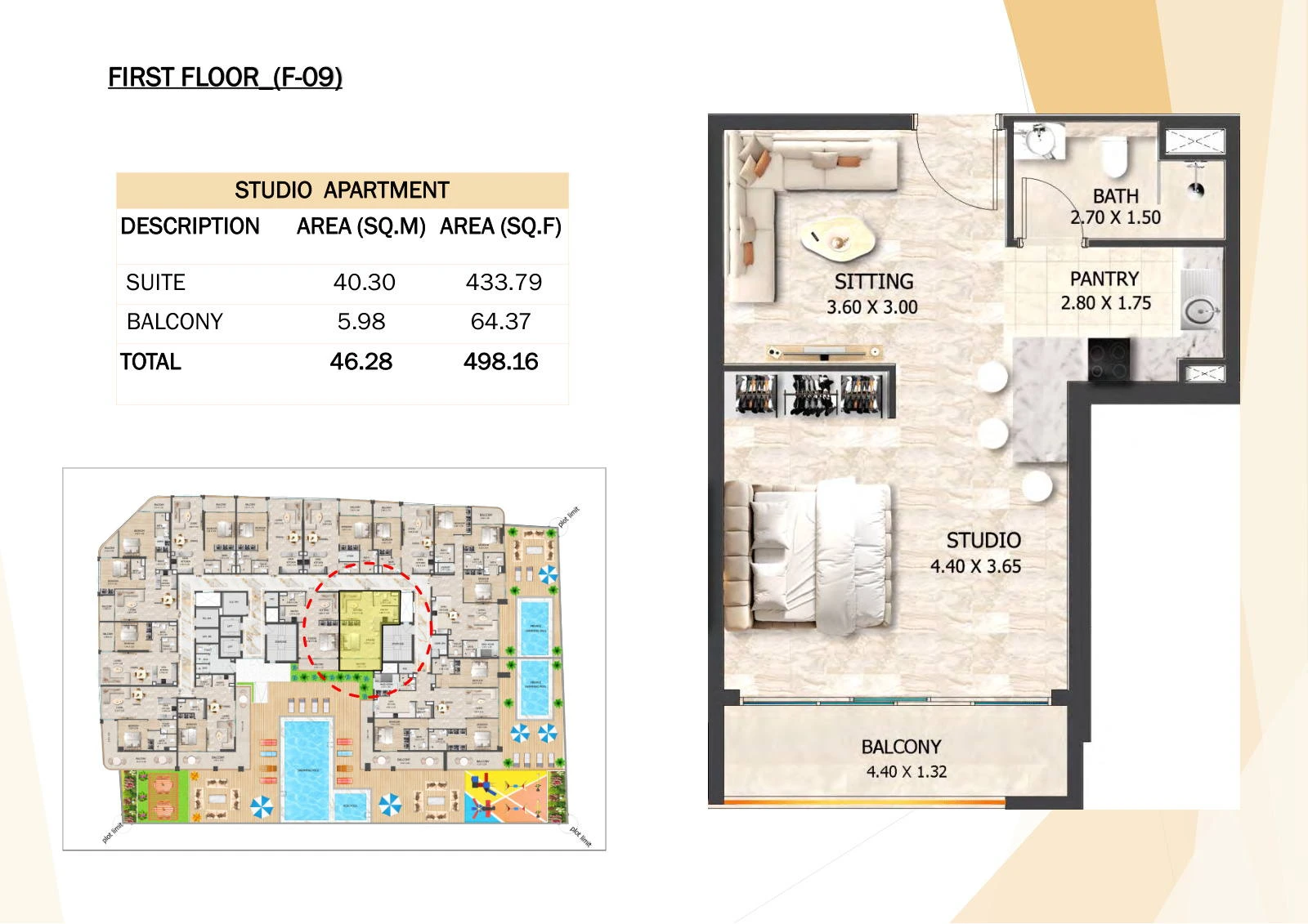 Crystal Tower studio F-09 apartment floor plan, First Floor, 498.16 sq ft.