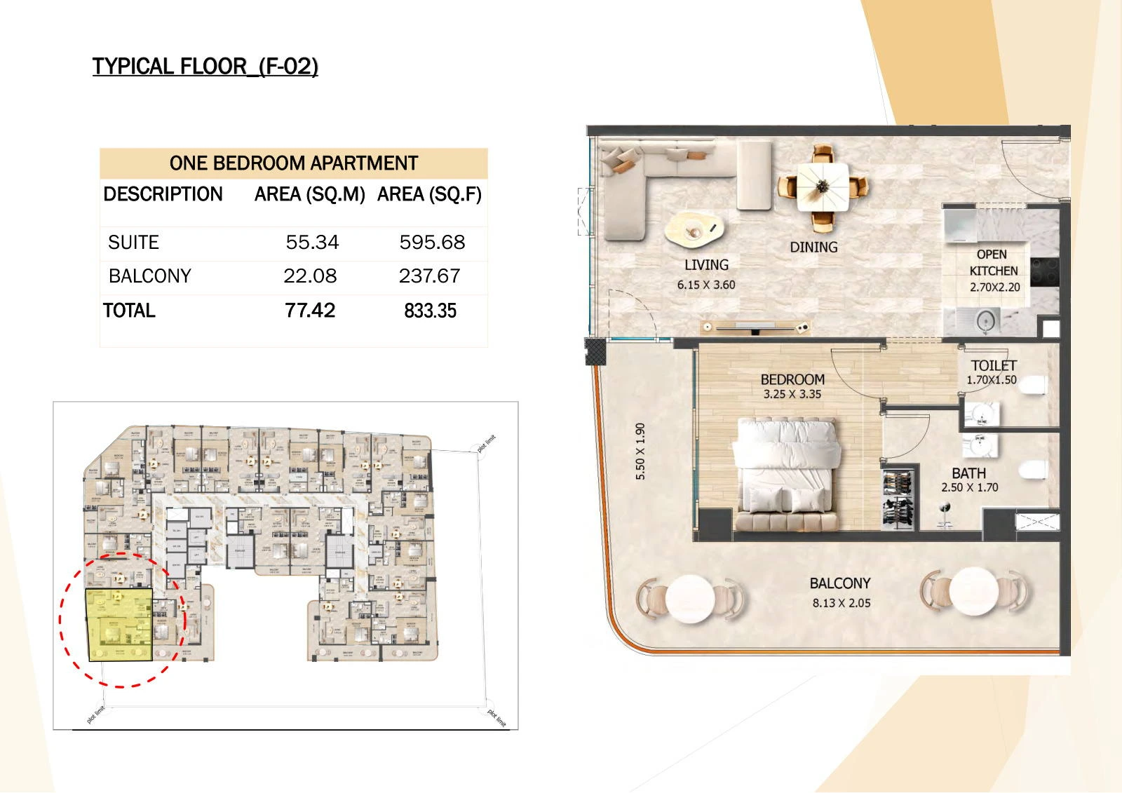 Crystal Tower 1-bedroom F-02 apartment floor plan, Typical Floors 2-7, 833.35 sq ft.