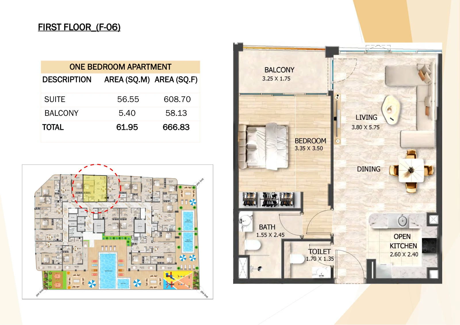 Crystal Tower 1-bedroom F-06 apartment floor plan, First Floor, 666.83 sq ft.