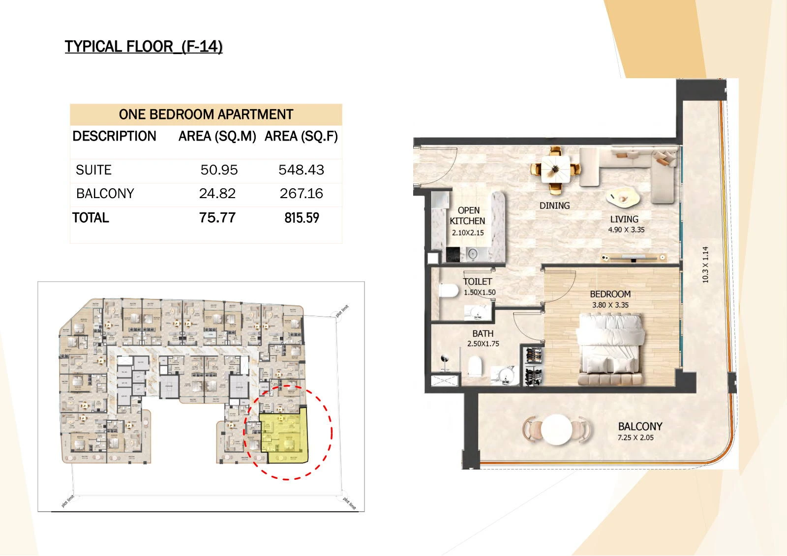 Crystal Tower 1-bedroom F-14 apartment floor plan, Typical Floors 2-7, 815.59 sq ft.
