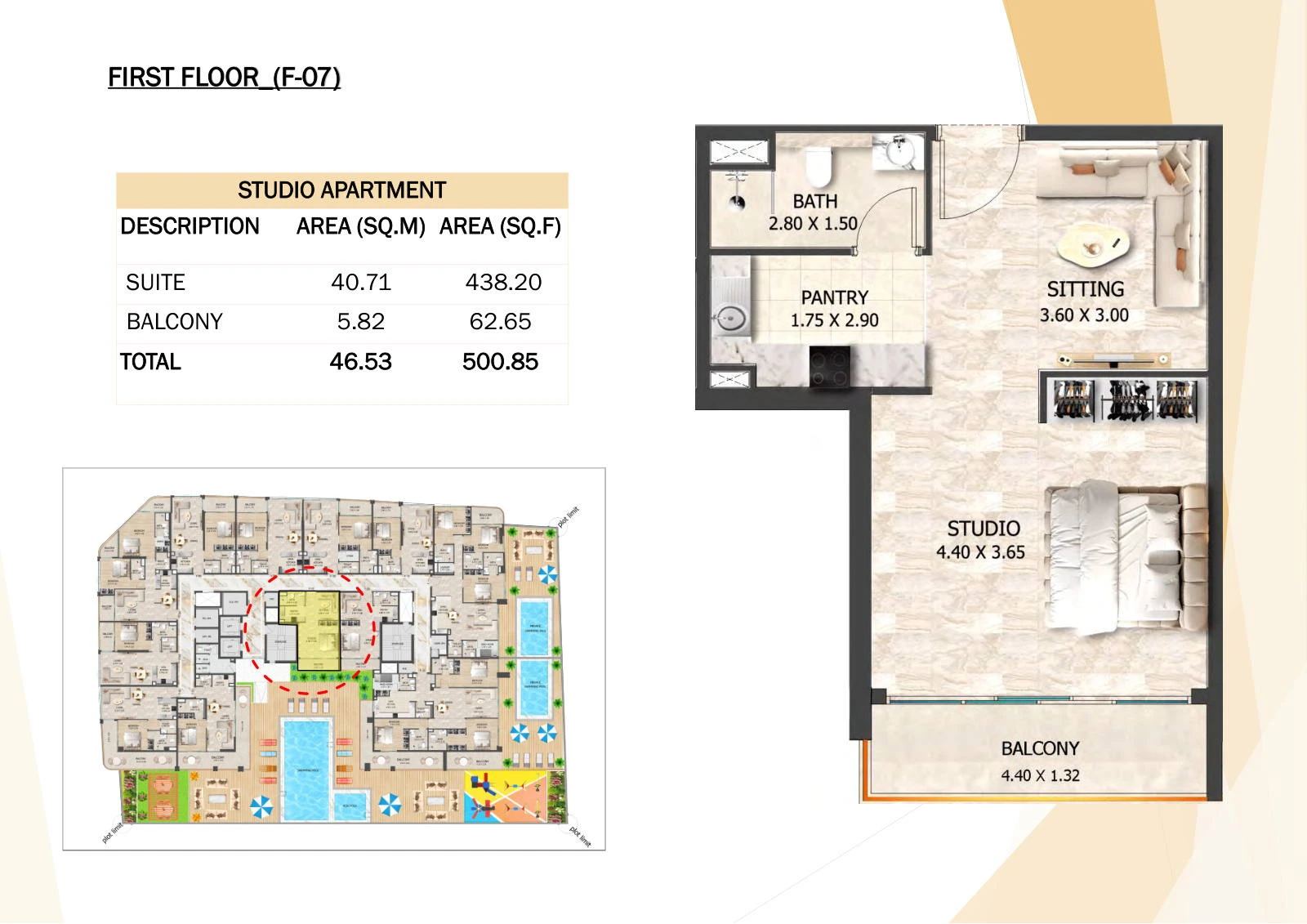 Crystal Tower studio F-07 apartment floor plan, First Floor, 500.85 sq ft.