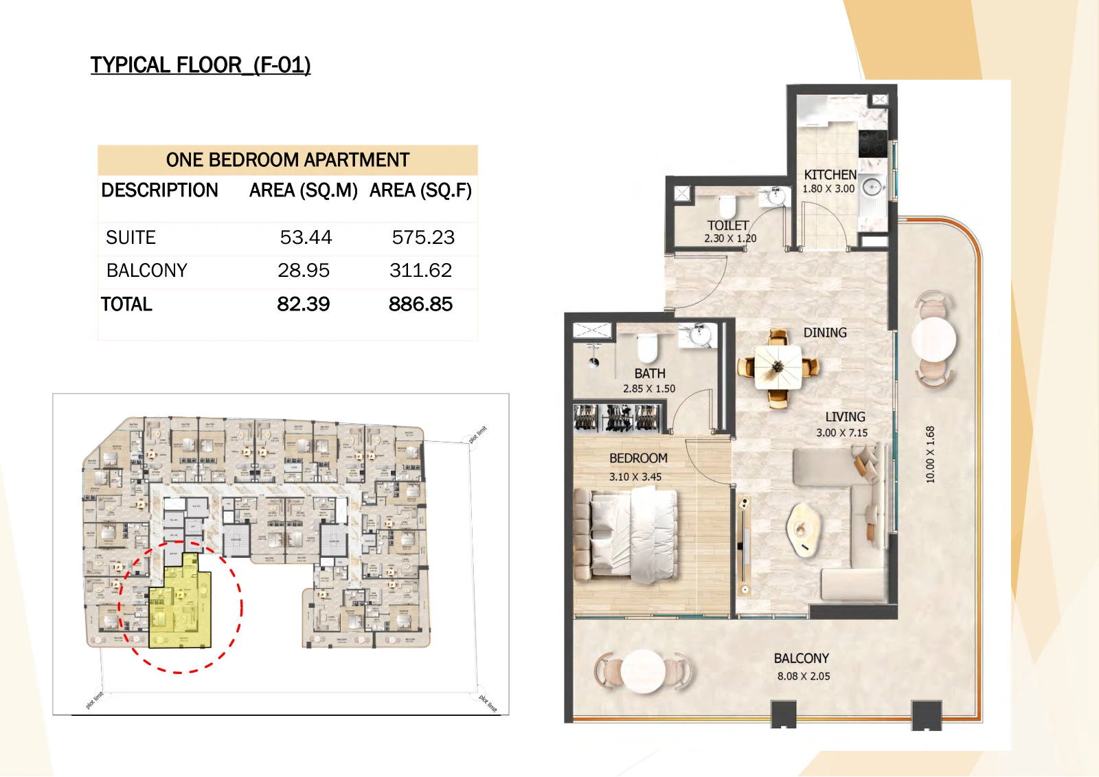 Crystal Tower 1-bedroom F-01 Typical apartment floor plan, Typical Floors 2-7, 886.85 sq ft.