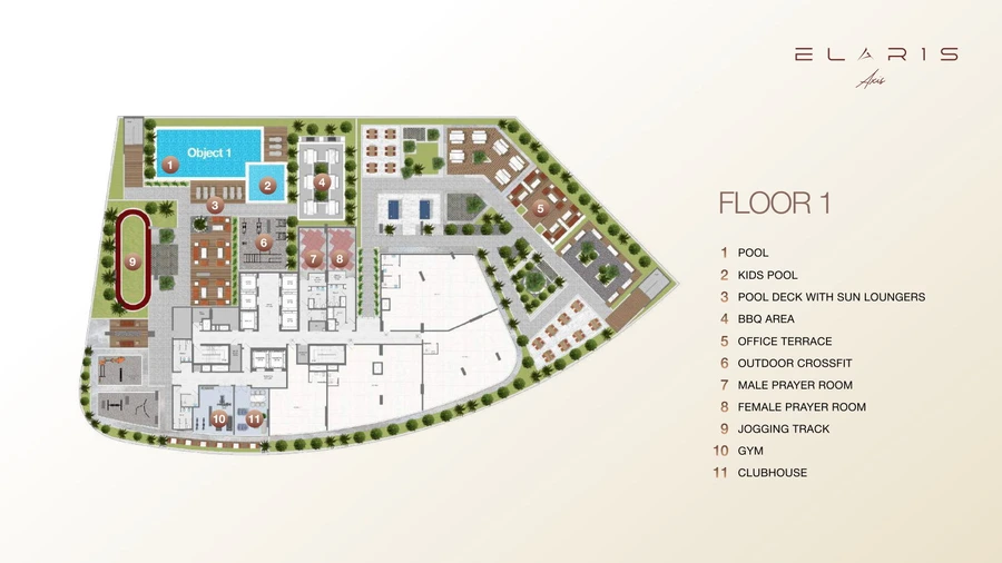 ELAR1S Axis first-floor amenity master plan with pools, gym, clubhouse, jogging track, outdoor CrossFit, barbecue area, office terrace and prayer rooms.