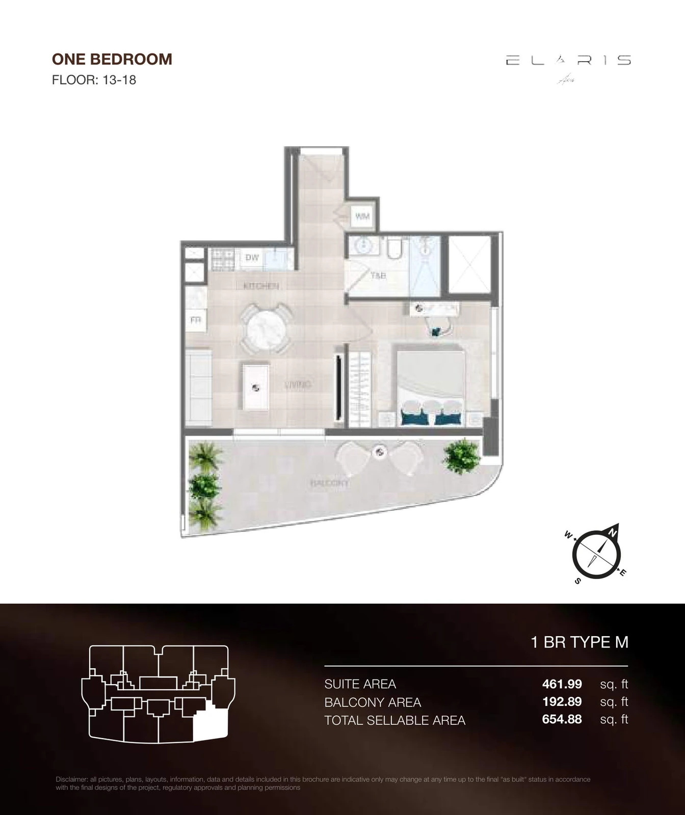 ELAR1S Axis 1-bedroom Type M apartment floor plan, floors 13-18, total area 654.88 sq ft.