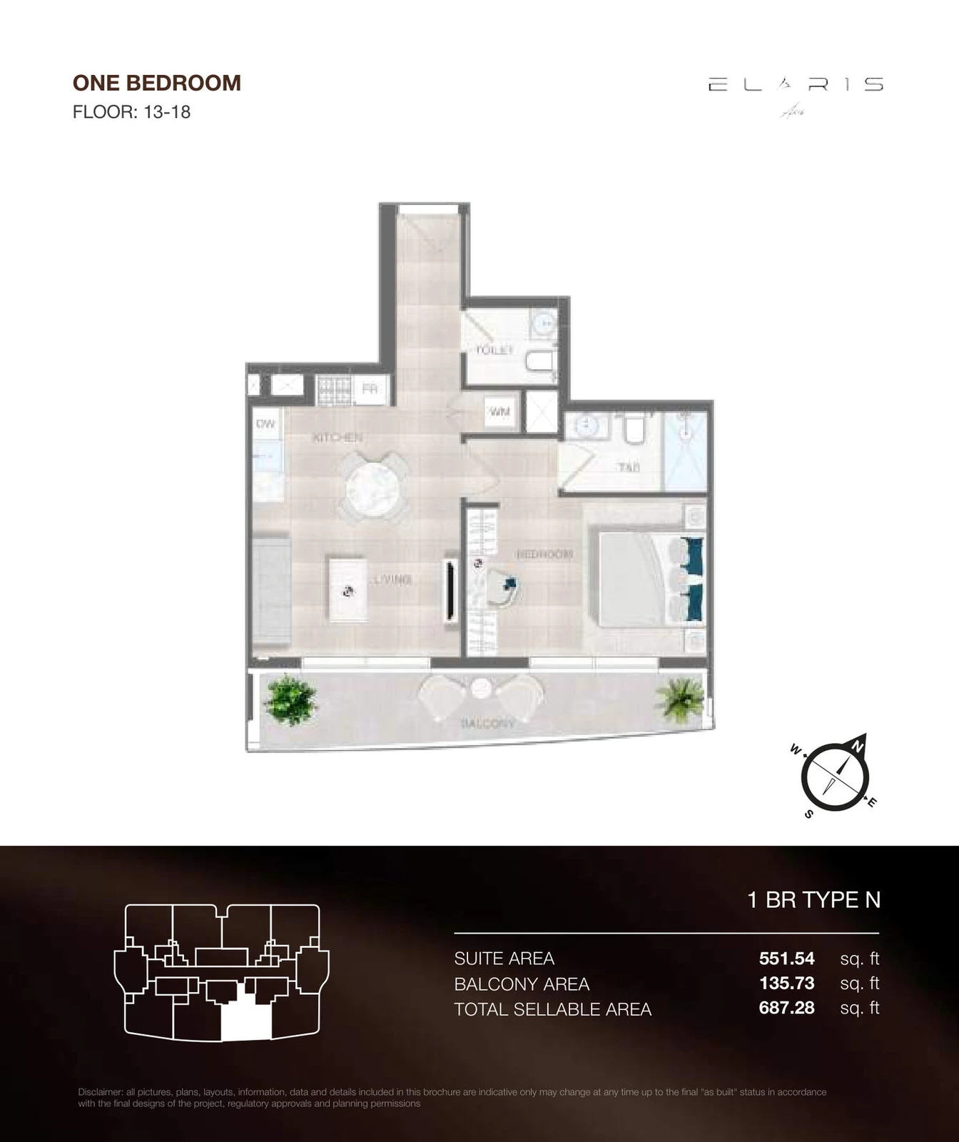 ELAR1S Axis 1-bedroom Type N apartment floor plan, floors 13-18, total area 687.28 sq ft.