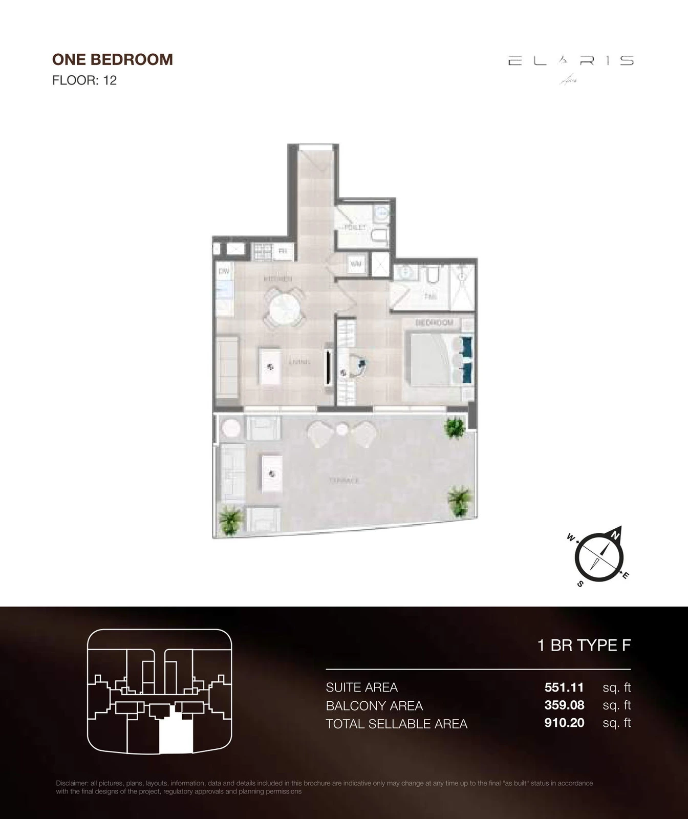 ELAR1S Axis 1-bedroom Type F apartment floor plan, floor 12, total area 910.20 sq ft.