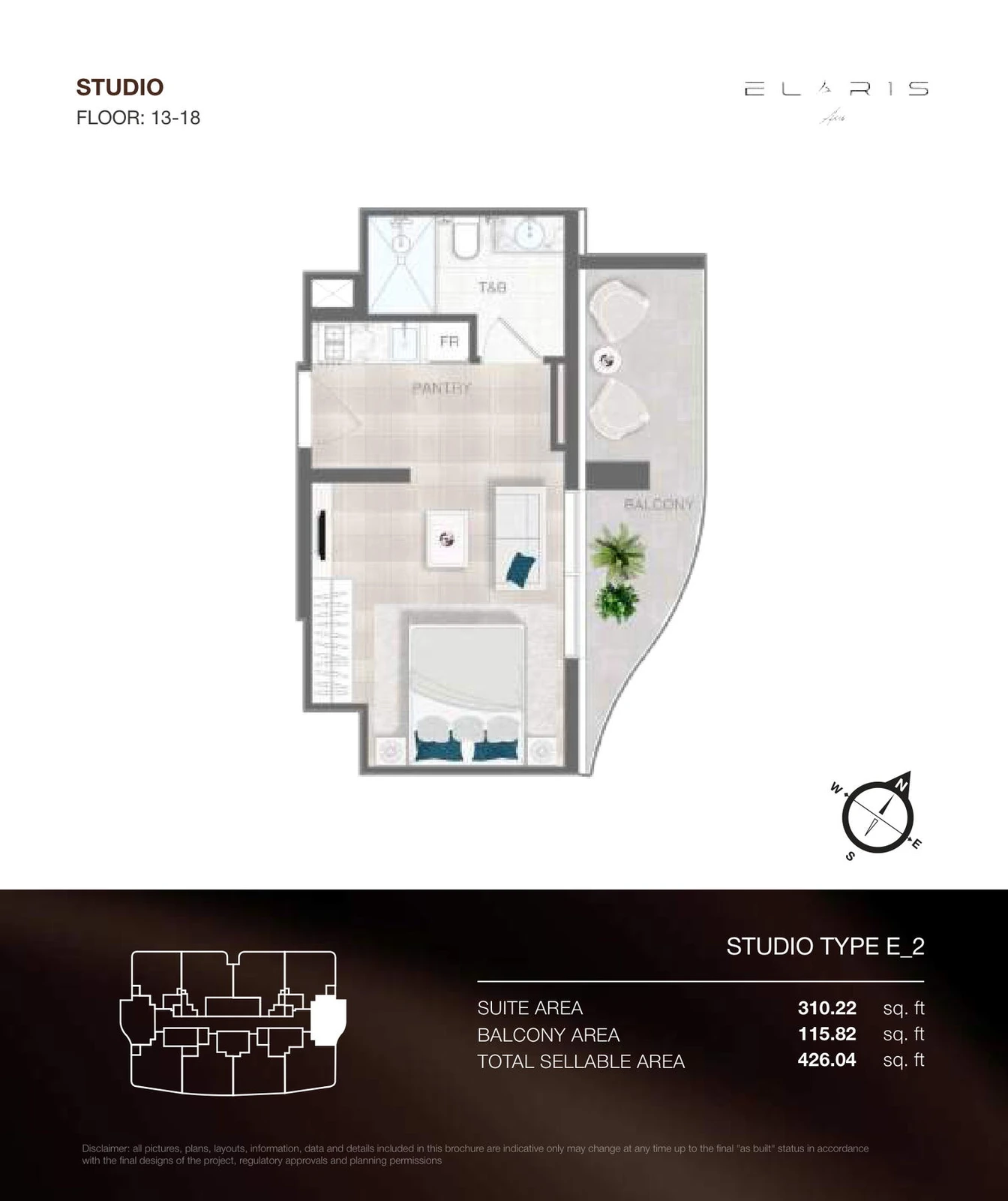 ELAR1S Axis studio Type E_2 apartment floor plan, floors 13-18, total area 426.04 sq ft.