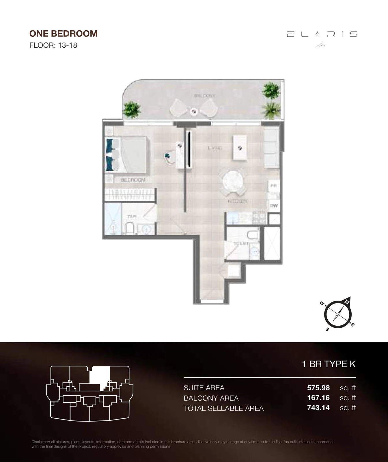 ELAR1S Axis 1-bedroom Type K apartment floor plan, floors 13-18, total area 743.14 sq ft.