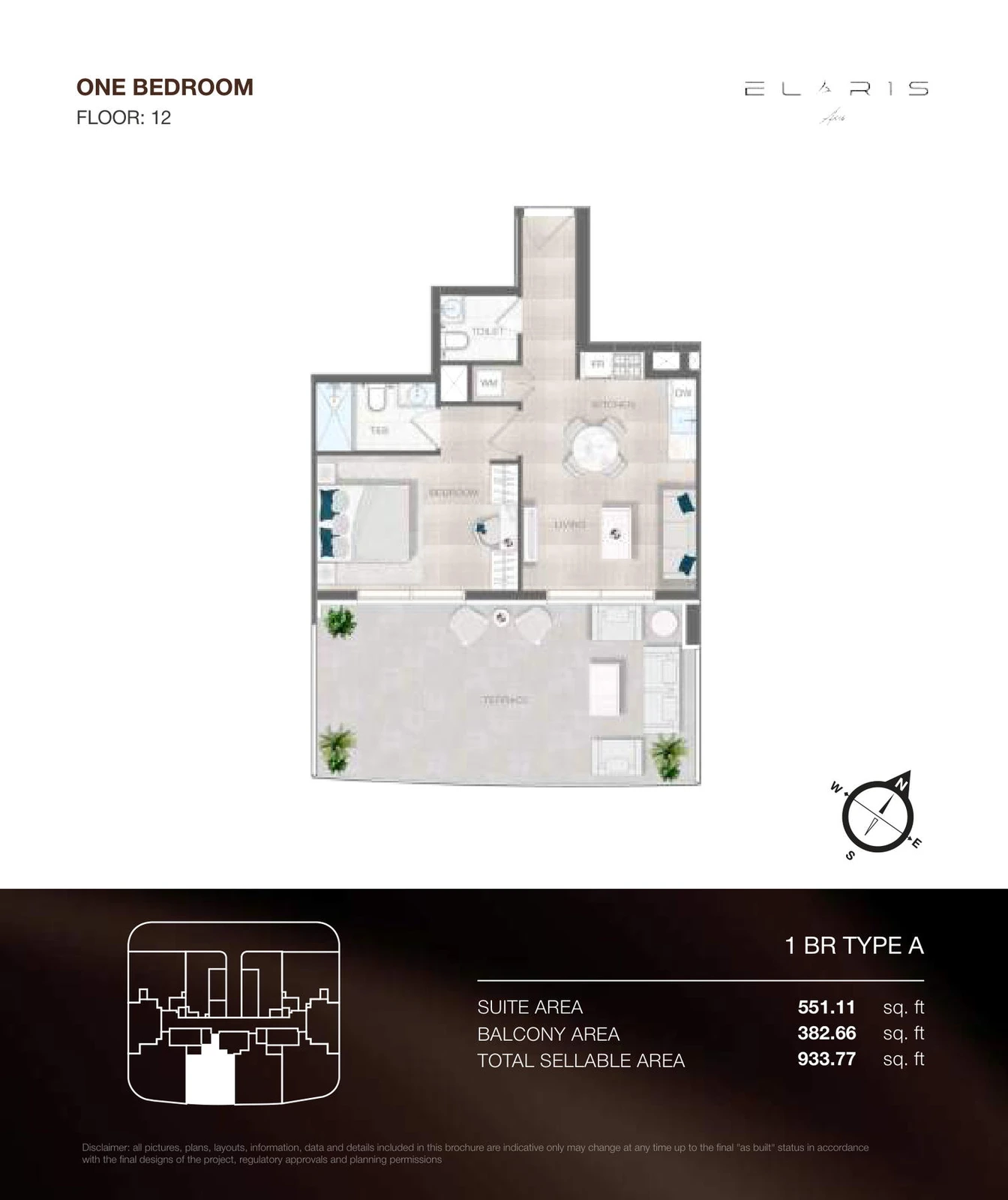 ELAR1S Axis 1-bedroom Type A apartment floor plan, floor 12, total area 933.77 sq ft.