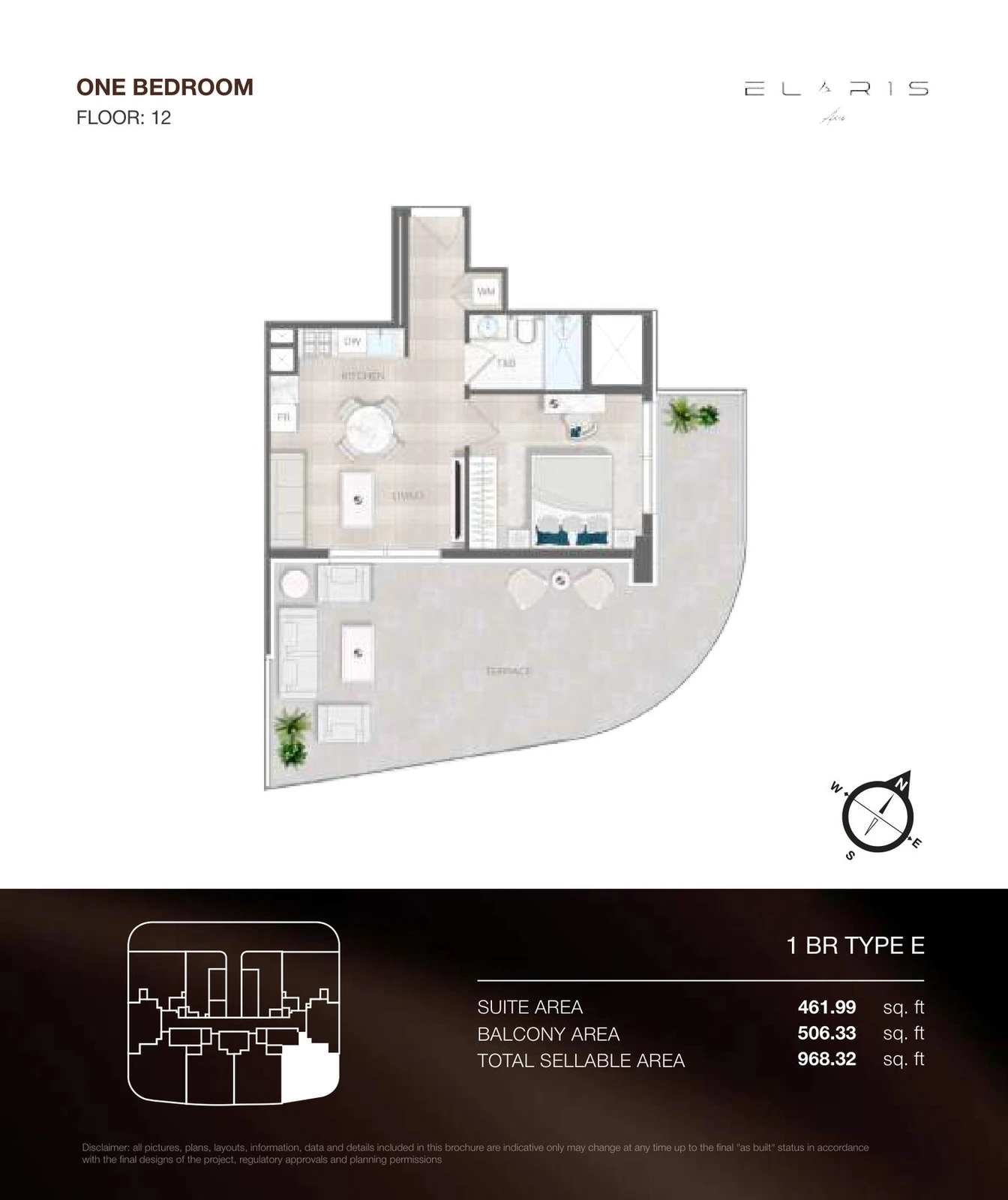 ELAR1S Axis 1-bedroom Type E apartment floor plan, floor 12, total area 968.32 sq ft.