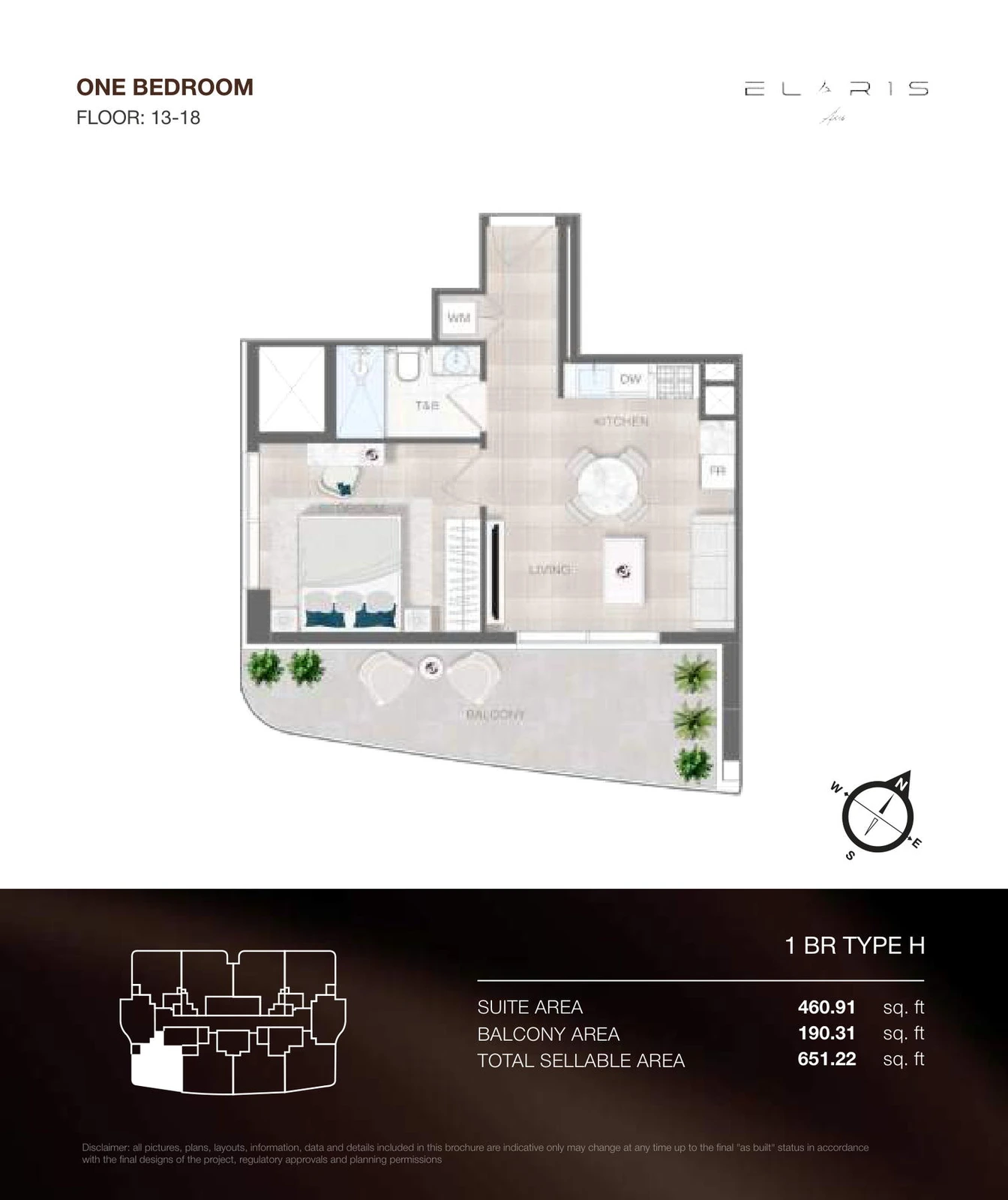 ELAR1S Axis 1-bedroom Type H apartment floor plan, floors 13-18, total area 651.22 sq ft.