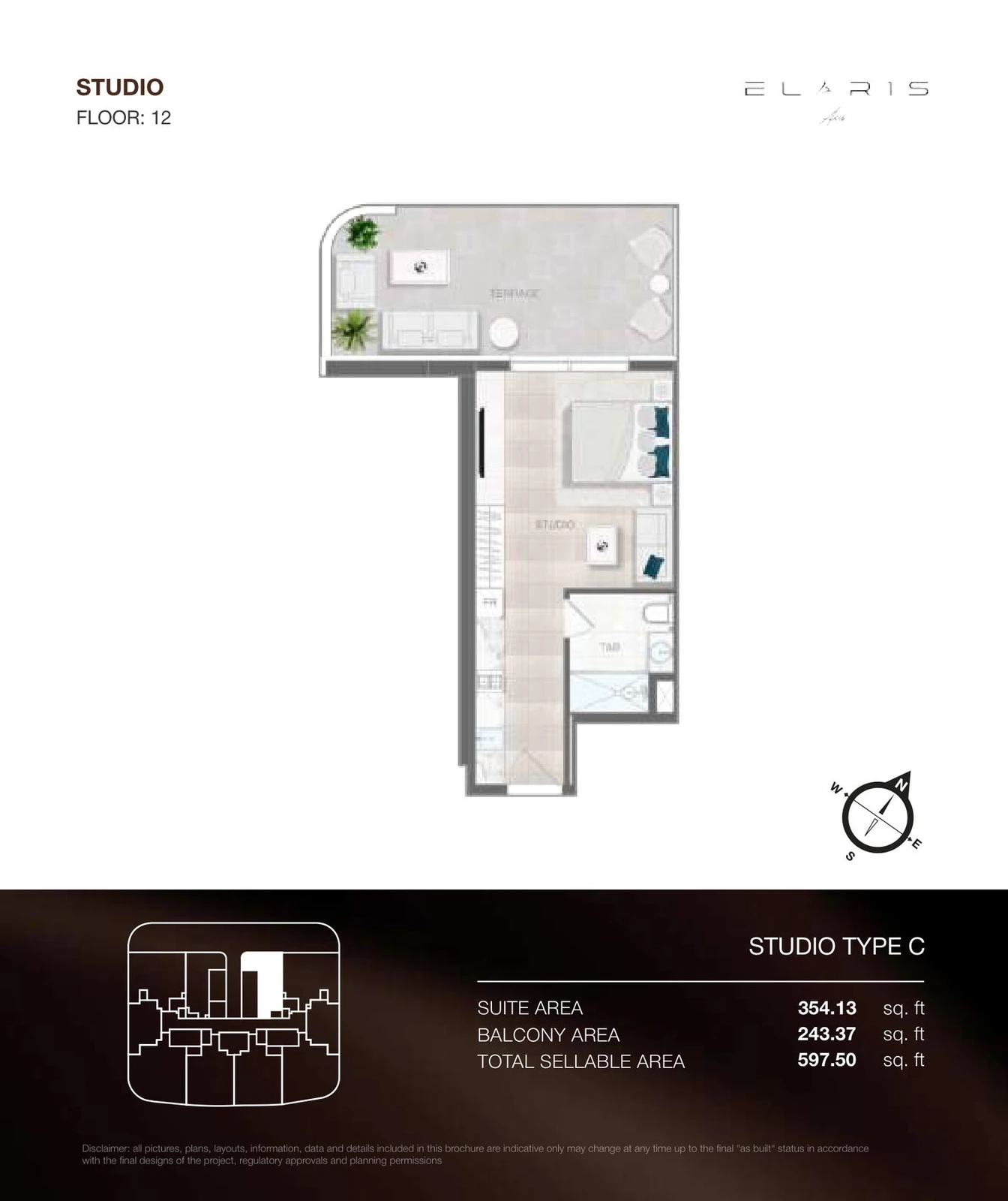 ELAR1S Axis studio Type C apartment floor plan, floor 12, total area 597.50 sq ft.