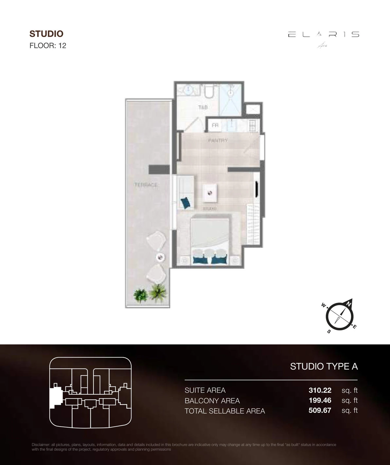 ELAR1S Axis studio Type A apartment floor plan, floor 12, total area 509.67 sq ft.