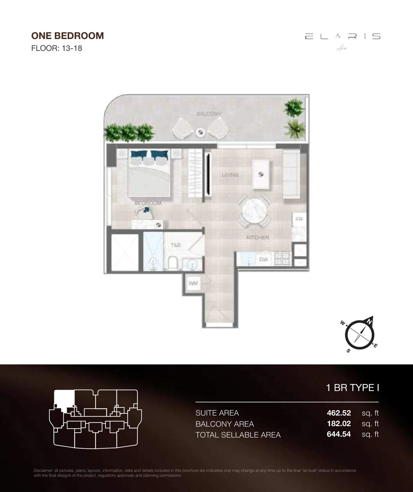 ELAR1S Axis 1-bedroom Type I apartment floor plan, floors 13-18, total area 644.54 sq ft.