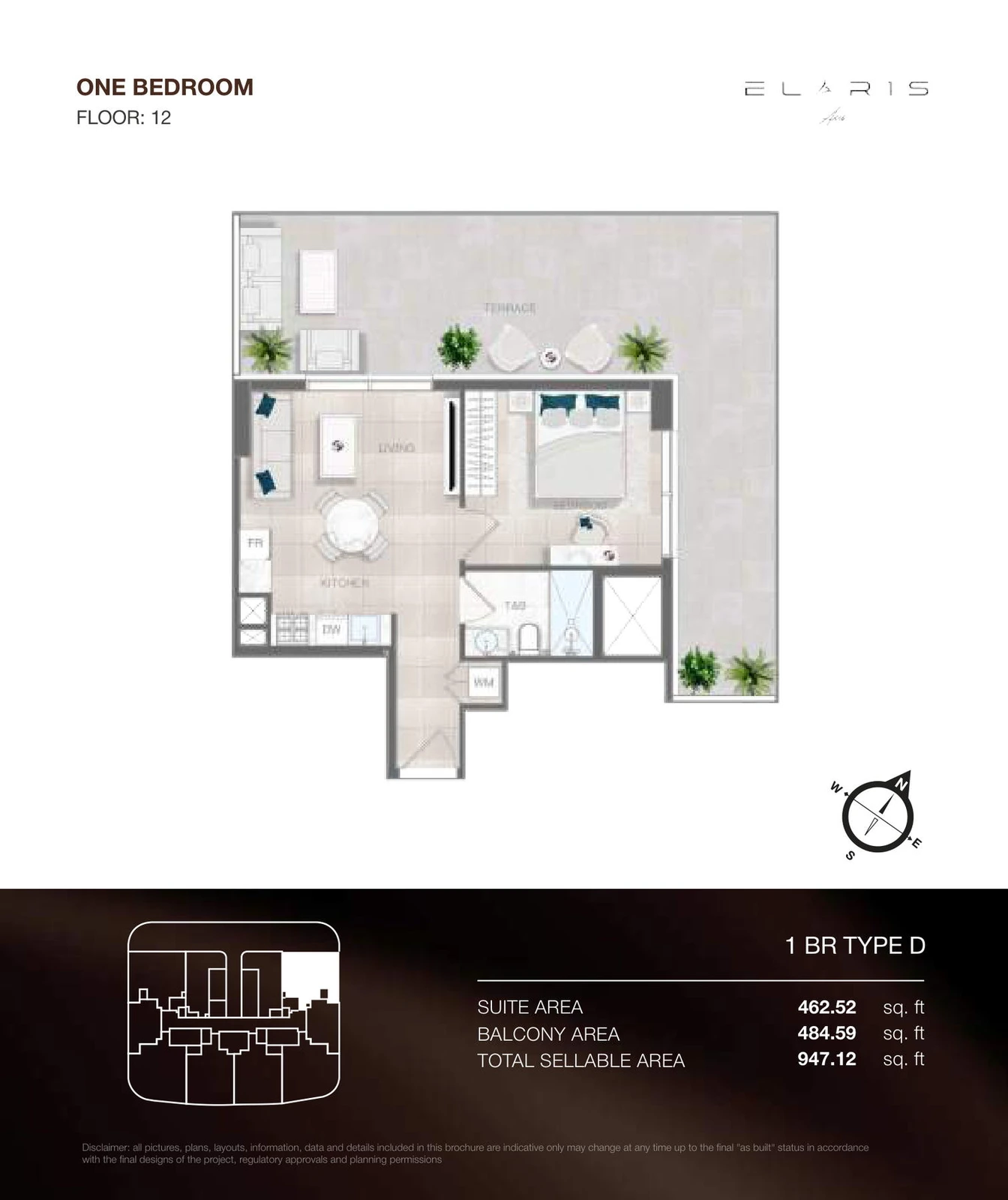 ELAR1S Axis 1-bedroom Type D apartment floor plan, floor 12, total area 947.12 sq ft.