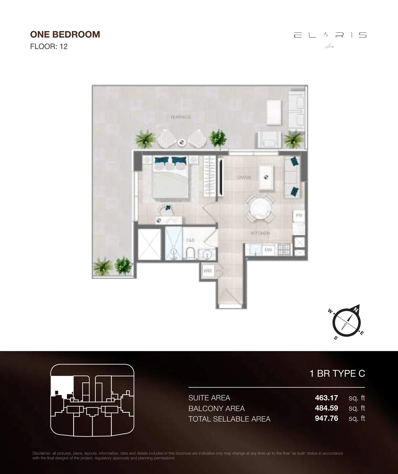 ELAR1S Axis 1-bedroom Type C apartment floor plan, floor 12, total area 947.76 sq ft.