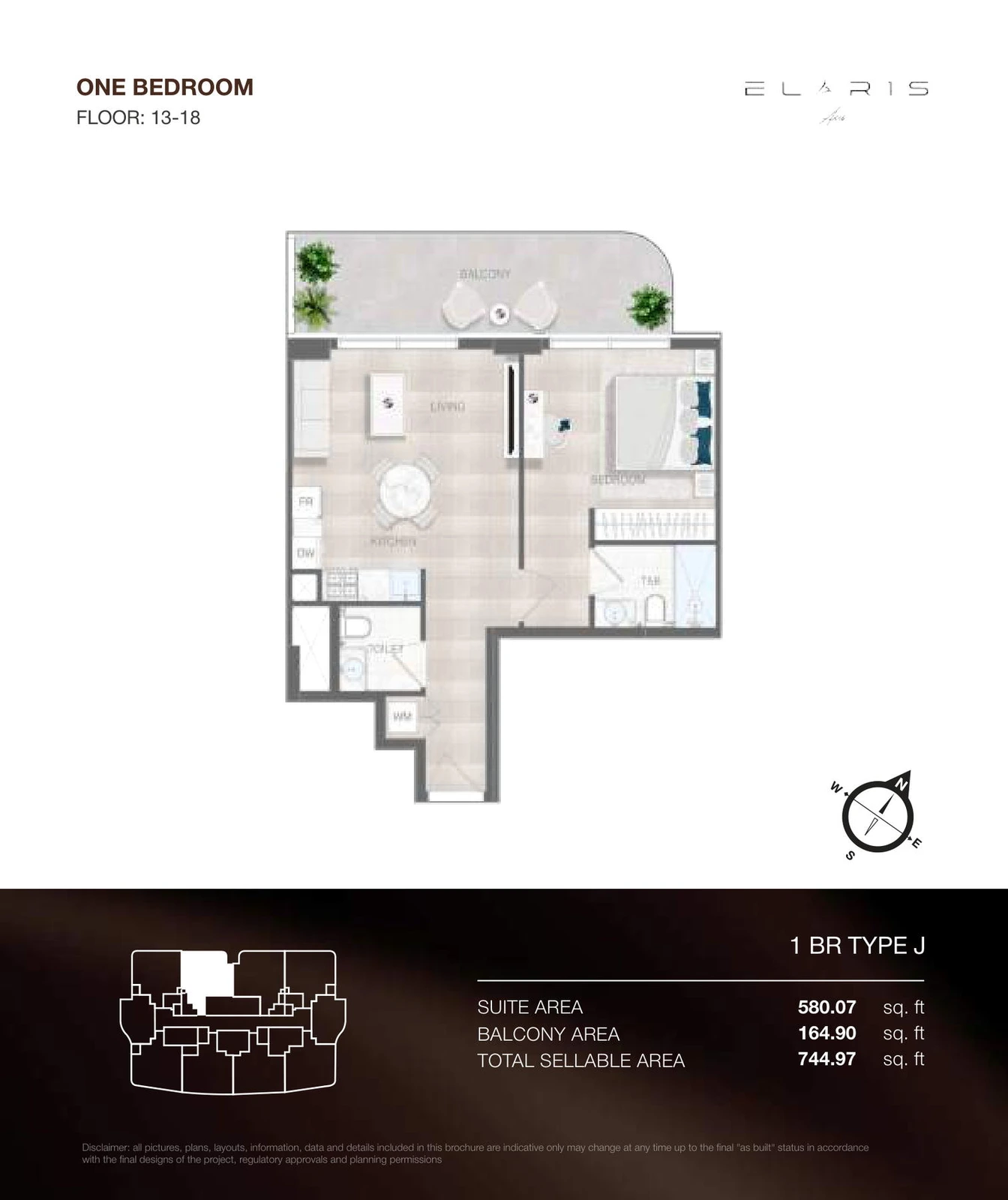 ELAR1S Axis 1-bedroom Type J apartment floor plan, floors 13-18, total area 744.97 sq ft.