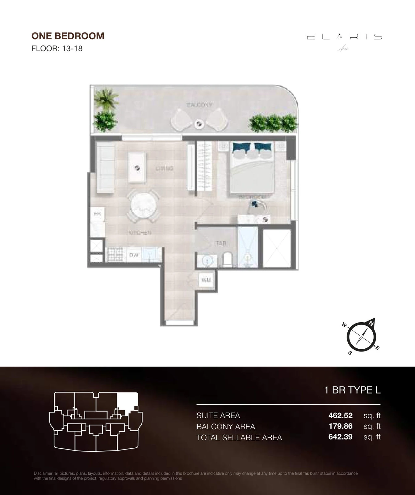 ELAR1S Axis 1-bedroom Type L apartment floor plan, floors 13-18, total area 642.39 sq ft.