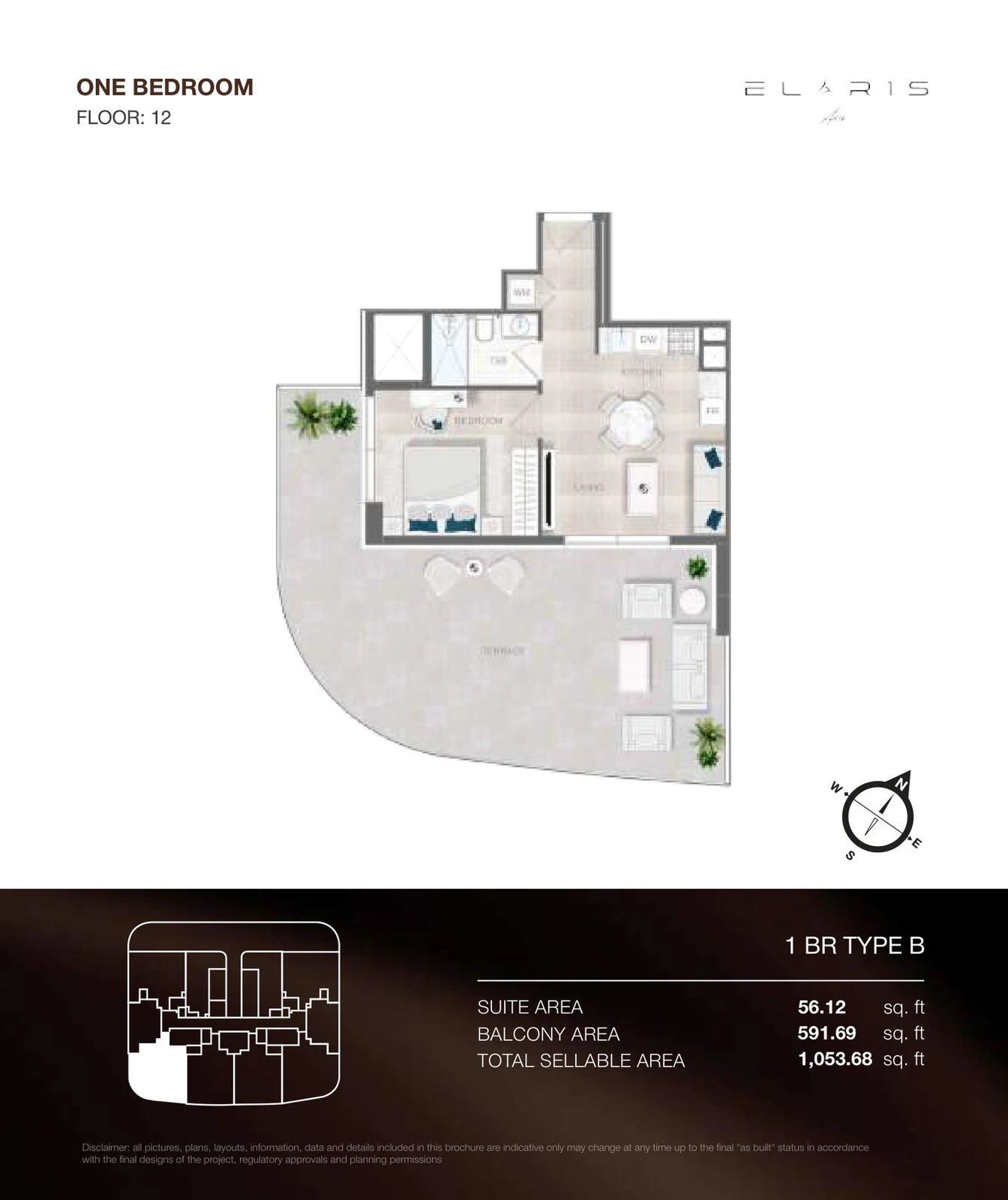 ELAR1S Axis 1-bedroom Type B apartment floor plan, floor 12, total area 1,053.68 sq ft.