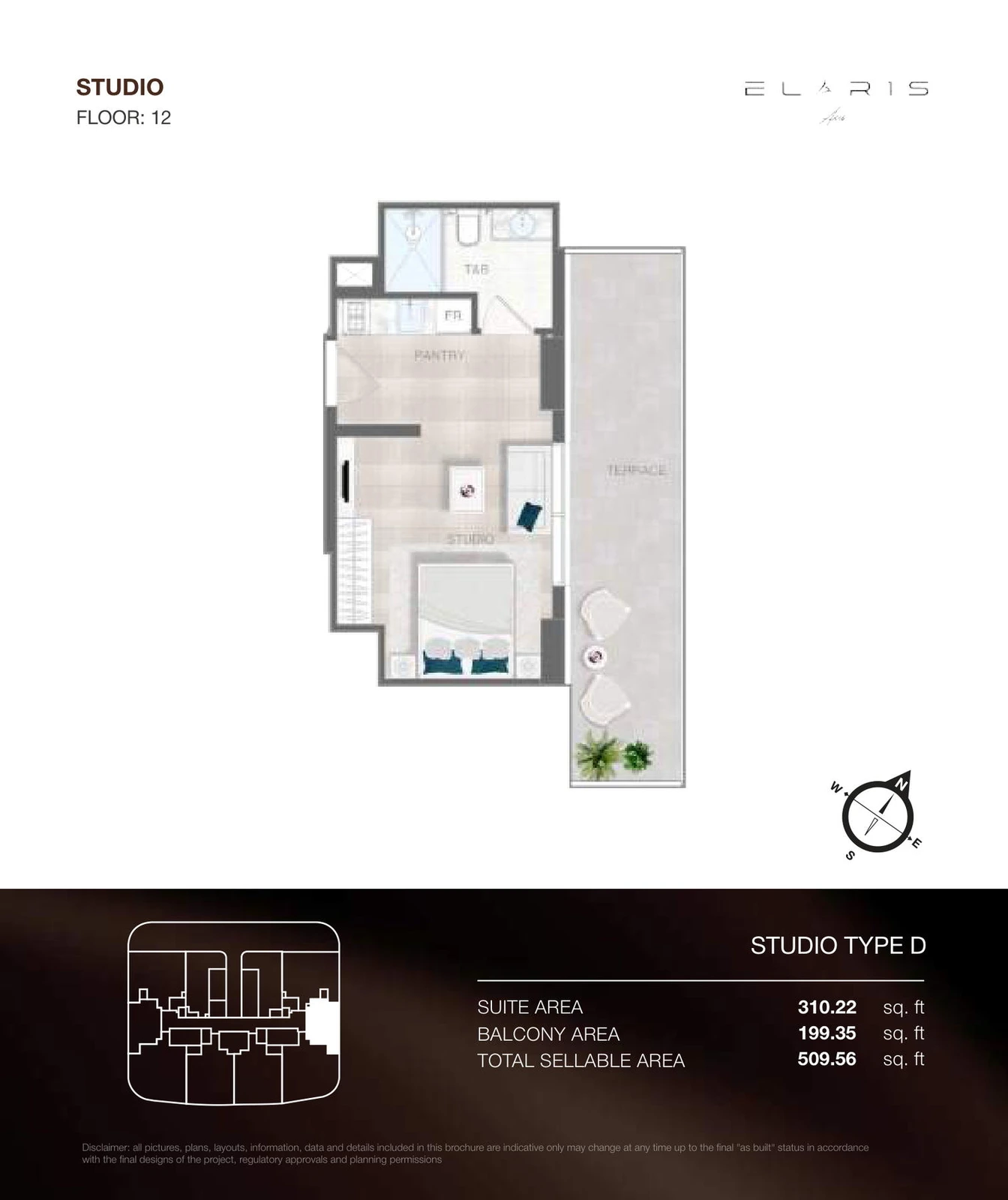 ELAR1S Axis studio Type D apartment floor plan, floor 12, total area 509.56 sq ft.