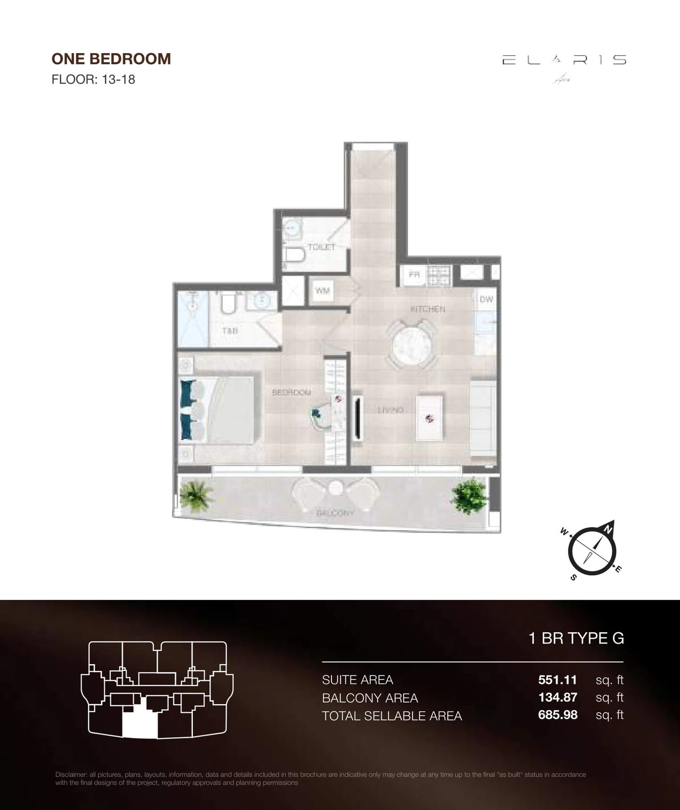 ELAR1S Axis 1-bedroom Type G apartment floor plan, floors 13-18, total area 685.98 sq ft.