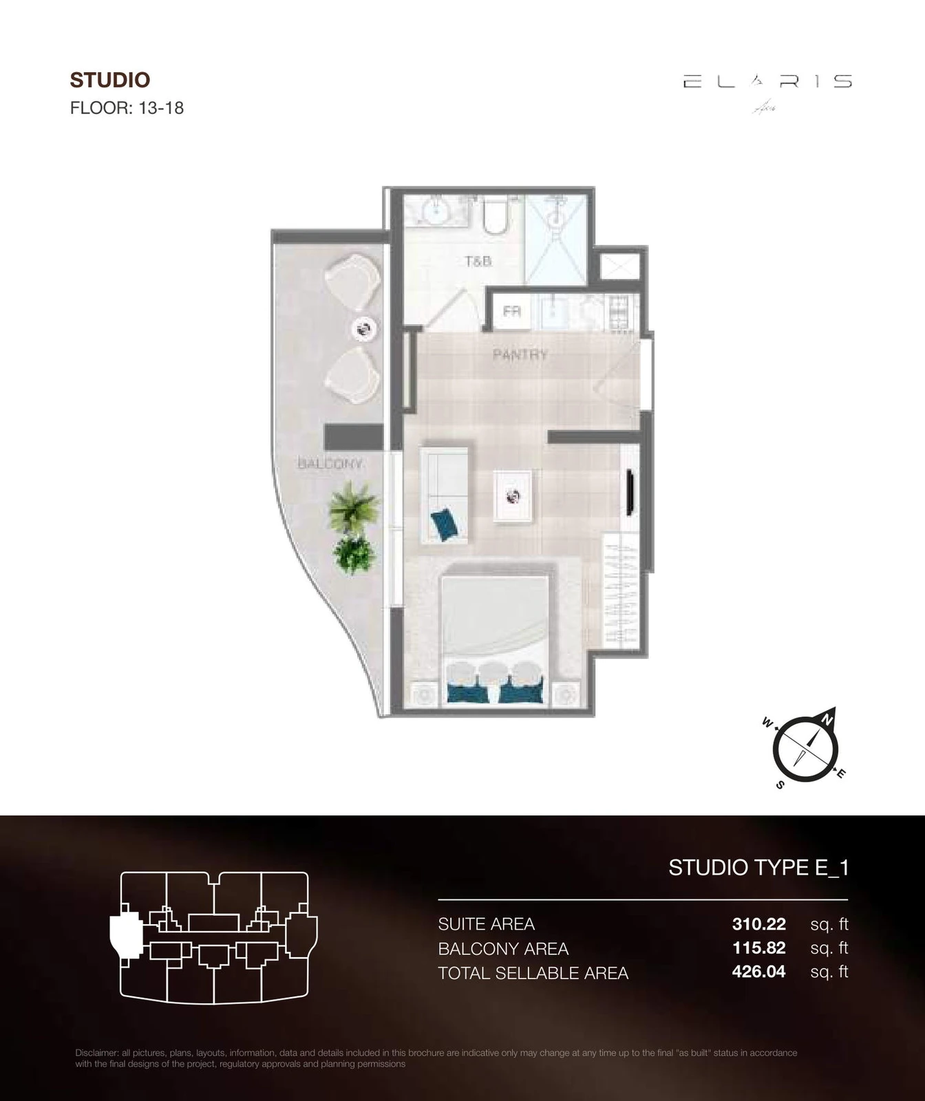 ELAR1S Axis studio Type E_1 apartment floor plan, floors 13-18, total area 426.04 sq ft.