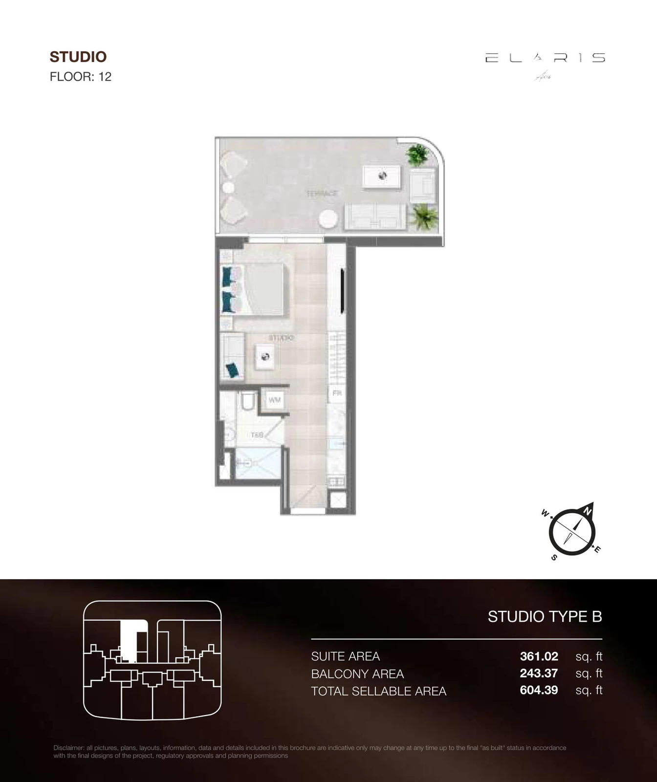 ELAR1S Axis studio Type B apartment floor plan, floor 12, total area 604.39 sq ft.