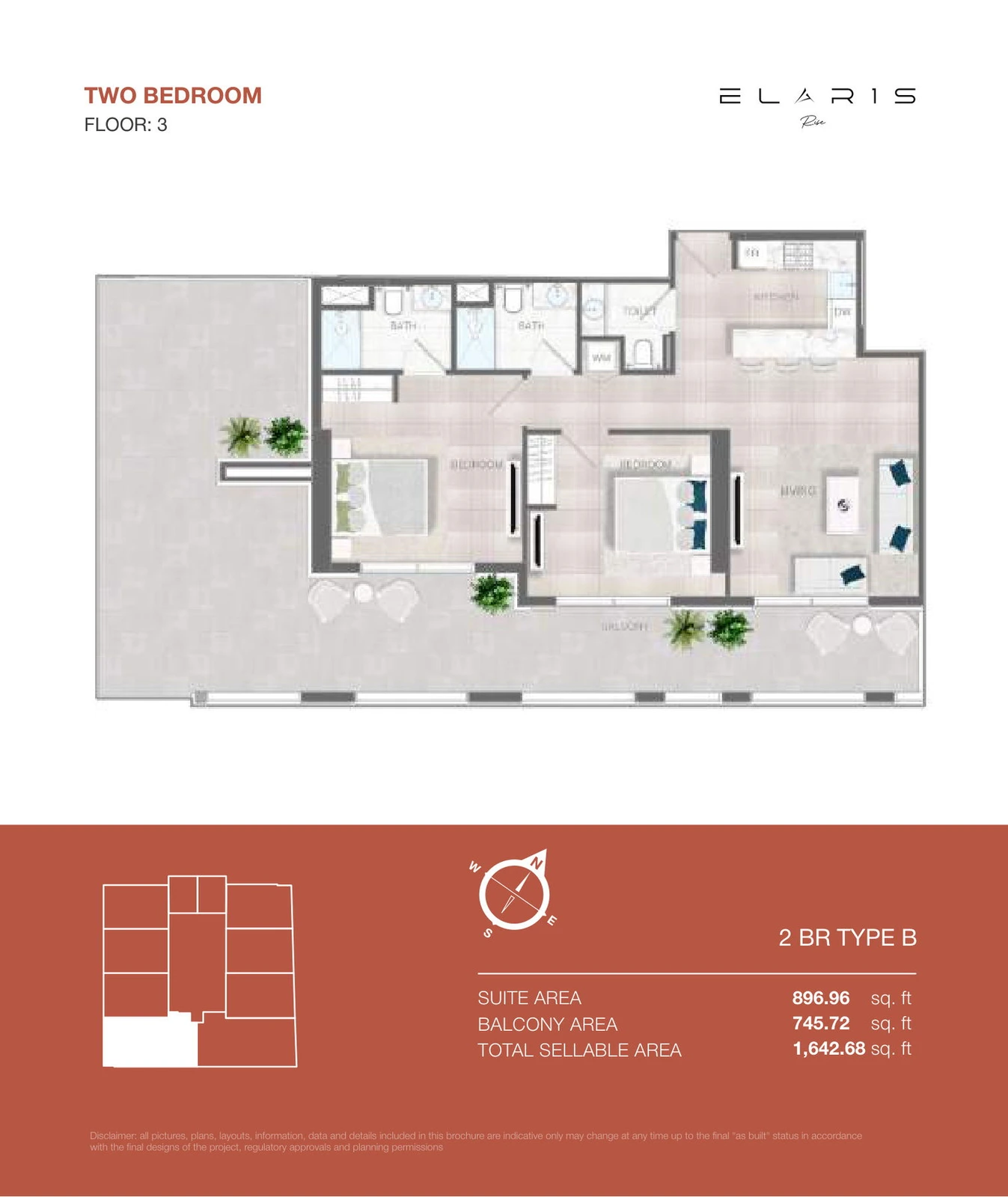 ELAR1S Rise 2-bedroom Type B apartment floor plan, floor 3, total area 1,642.68 sq ft.