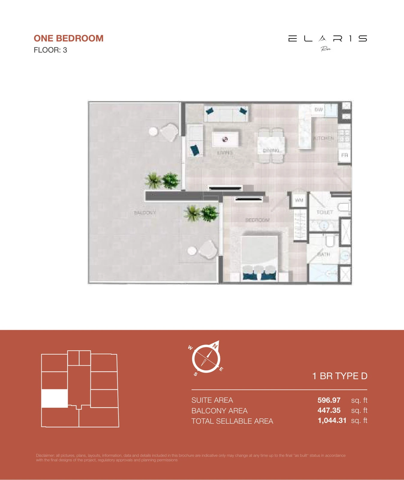 ELAR1S Rise 1-bedroom Type D apartment floor plan, floor 3, total area 1,044.31 sq ft.