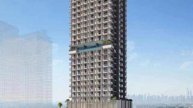 ELAR1S Rise tower in daylight with stacked balconies, a glazed podium and landscaped street frontage.