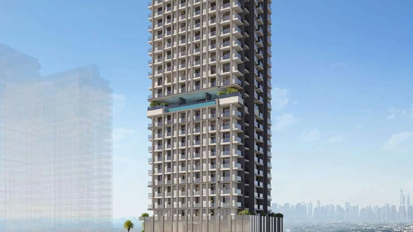 ELAR1S Rise tower in daylight with stacked balconies, a glazed podium and landscaped street frontage.