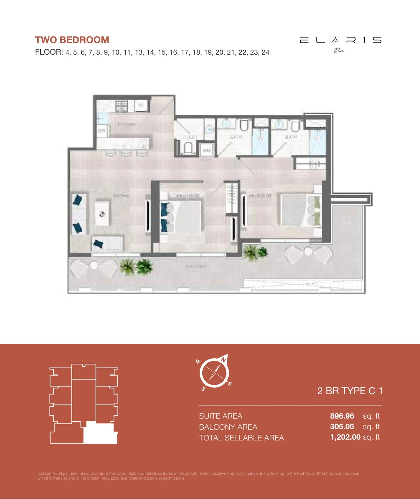 ELAR1S Rise 2-bedroom Type C 1 apartment floor plan, floors 4-11 and 13-24, total area 1,202.00 sq ft.