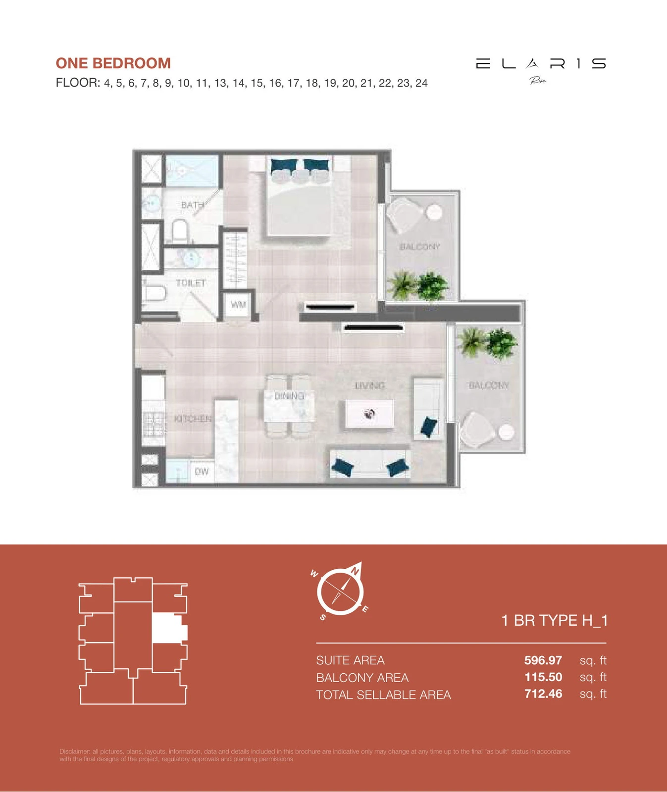 ELAR1S Rise 1-bedroom Type H 1 apartment floor plan, floors 4-11 and 13-24, total area 712.46 sq ft.