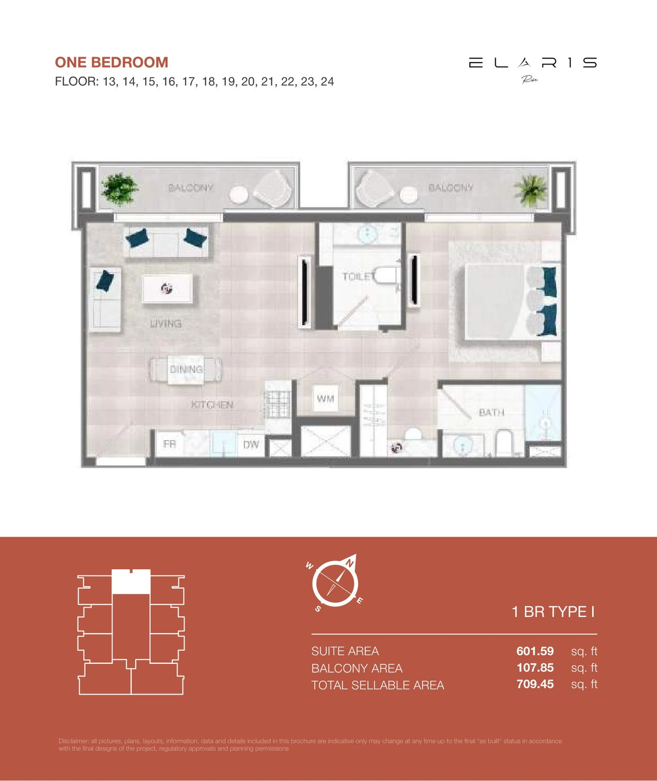ELAR1S Rise 1-bedroom Type I apartment floor plan, floors 13-24, total area 709.45 sq ft.