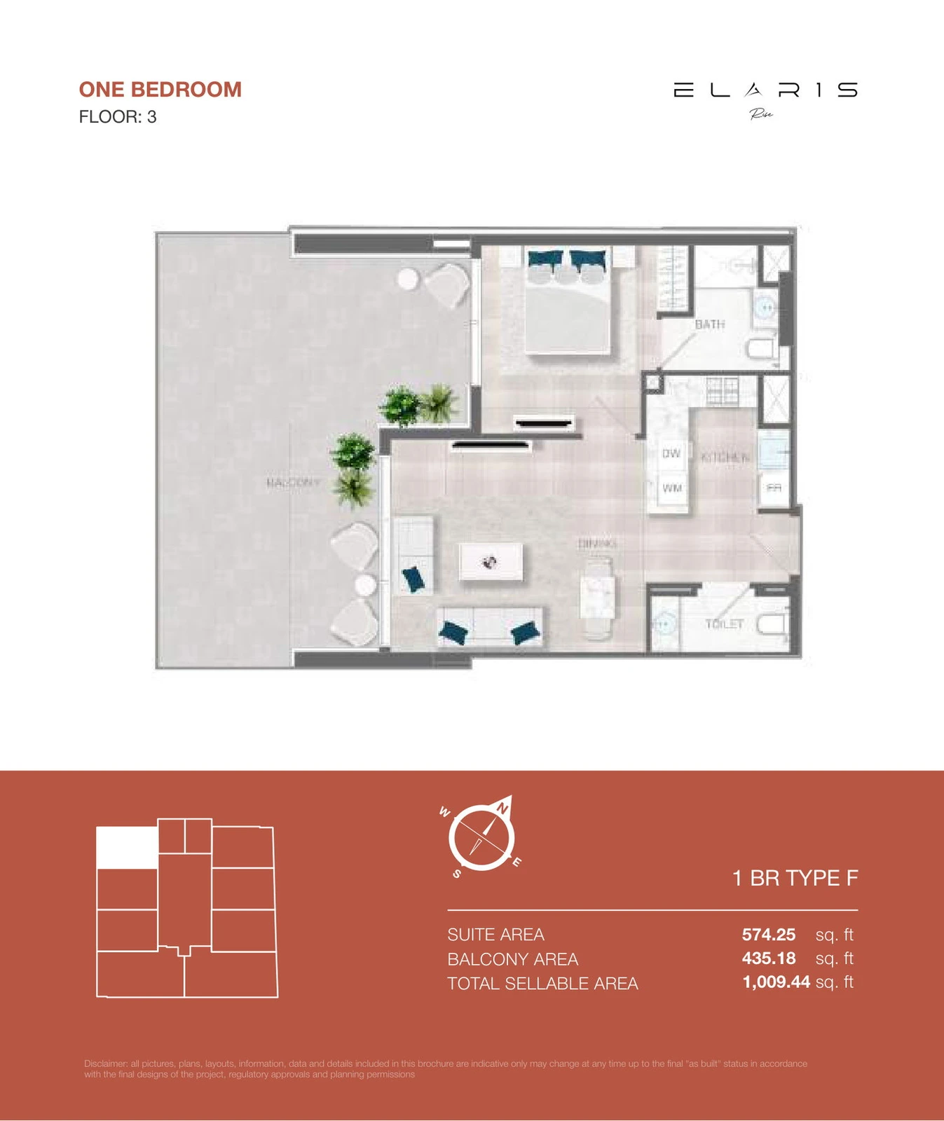 ELAR1S Rise 1-bedroom Type F apartment floor plan, floor 3, total area 1,009.44 sq ft.