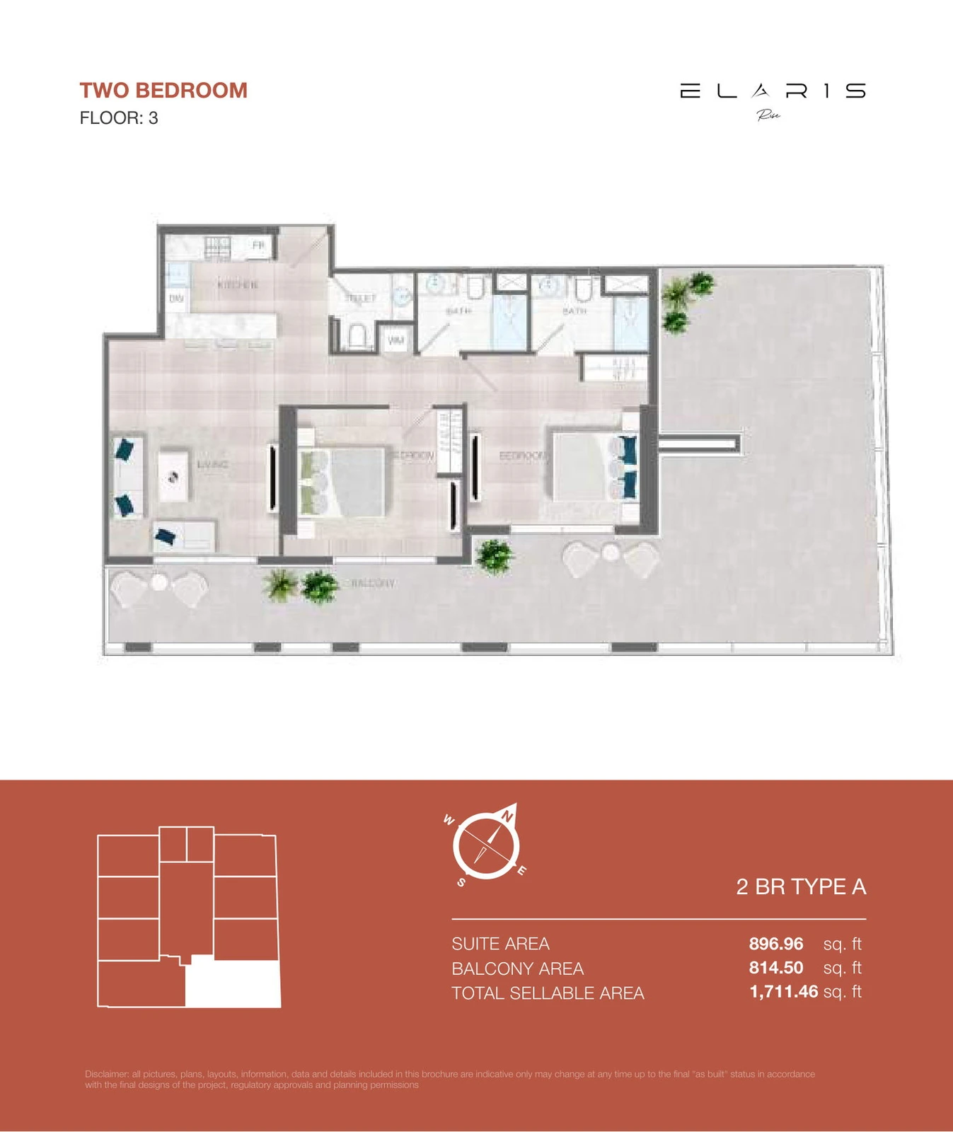 ELAR1S Rise 2-bedroom Type A apartment floor plan, floor 3, total area 1,711.46 sq ft.