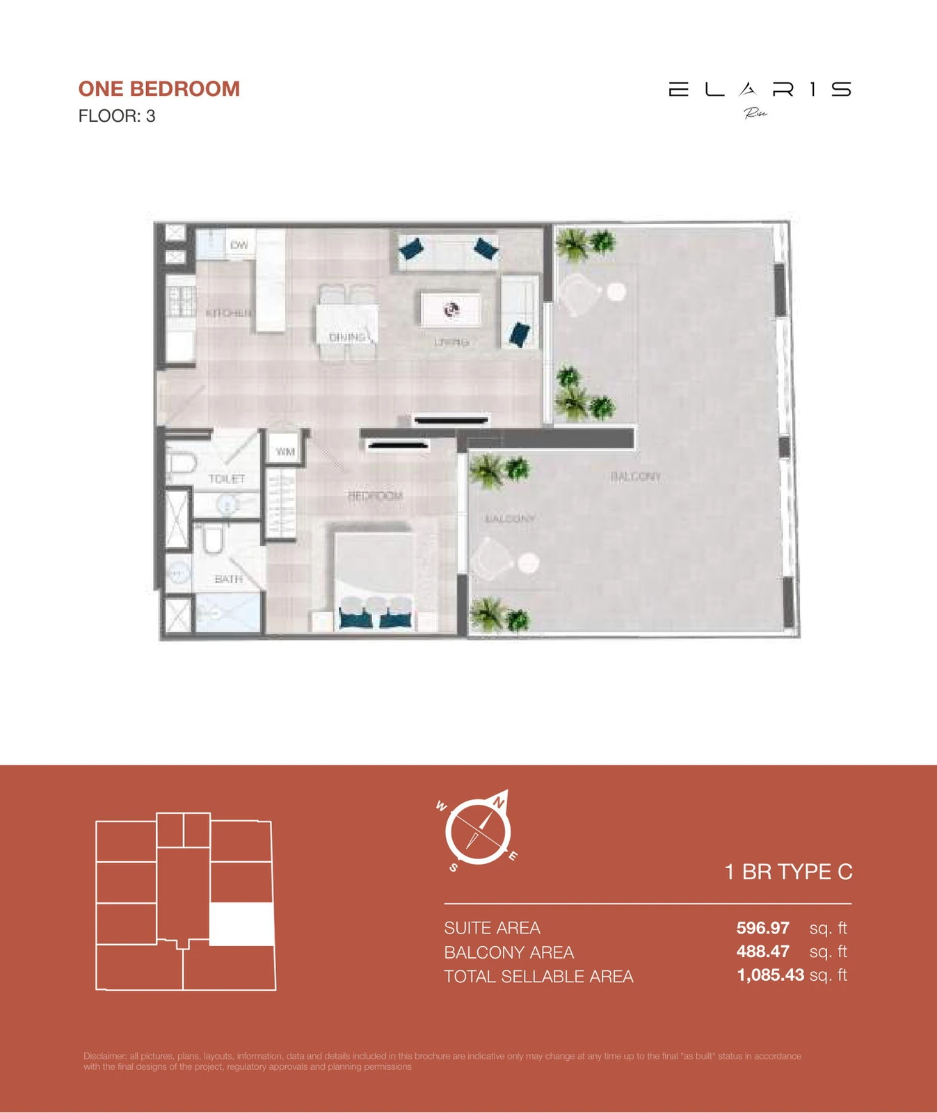 ELAR1S Rise 1-bedroom Type C apartment floor plan, floor 3, total area 1,085.43 sq ft.