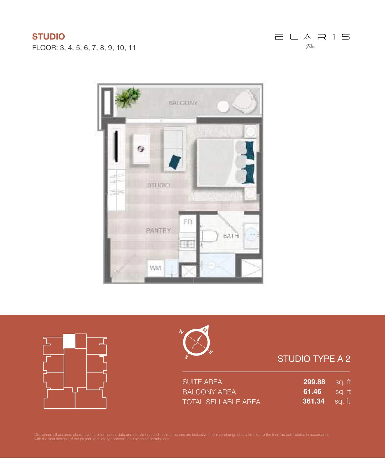 ELAR1S Rise studio Type A 2 apartment floor plan, floors 3-11, total area 361.34 sq ft.