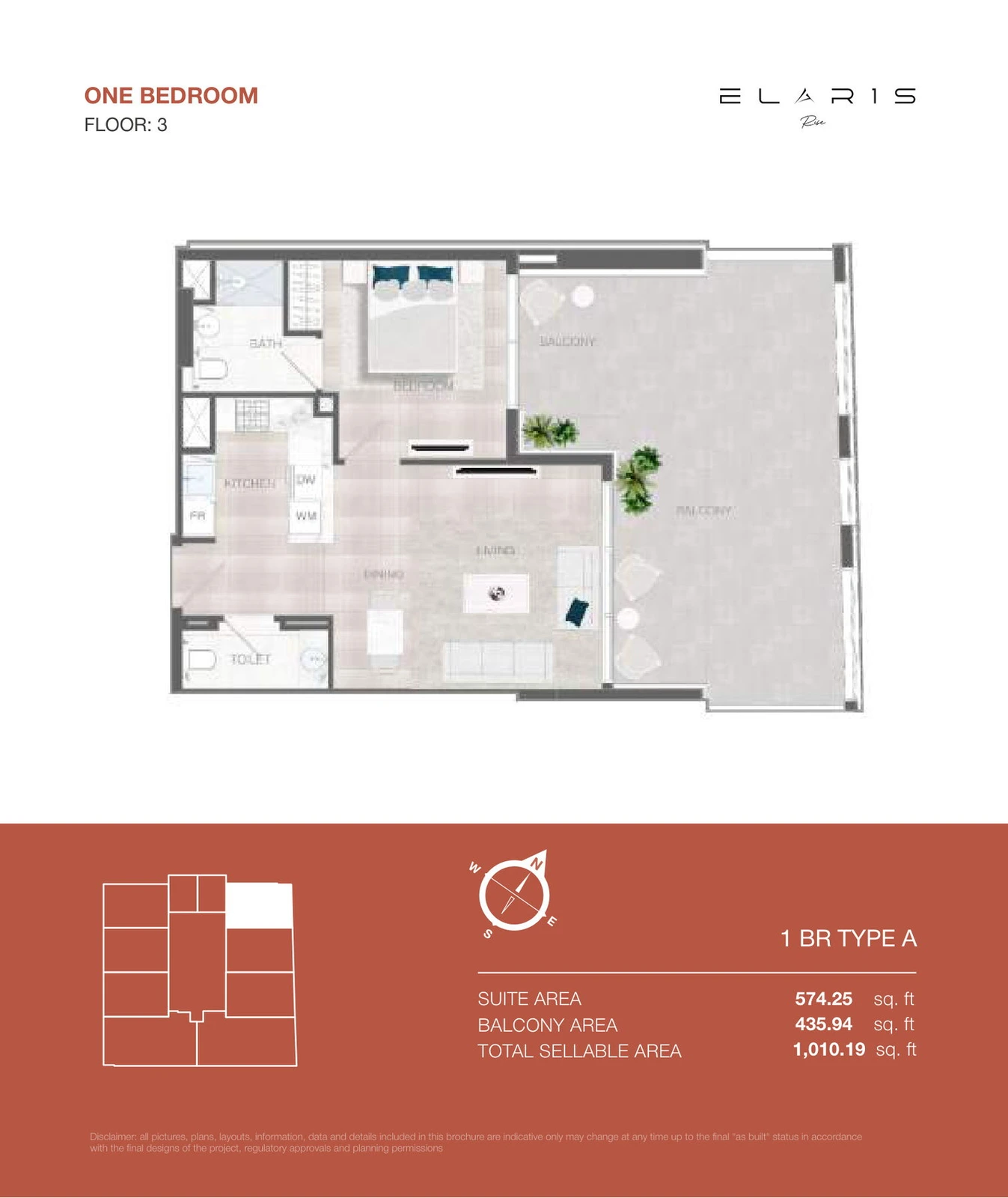 ELAR1S Rise 1-bedroom Type A apartment floor plan, floor 3, total area 1,010.19 sq ft.