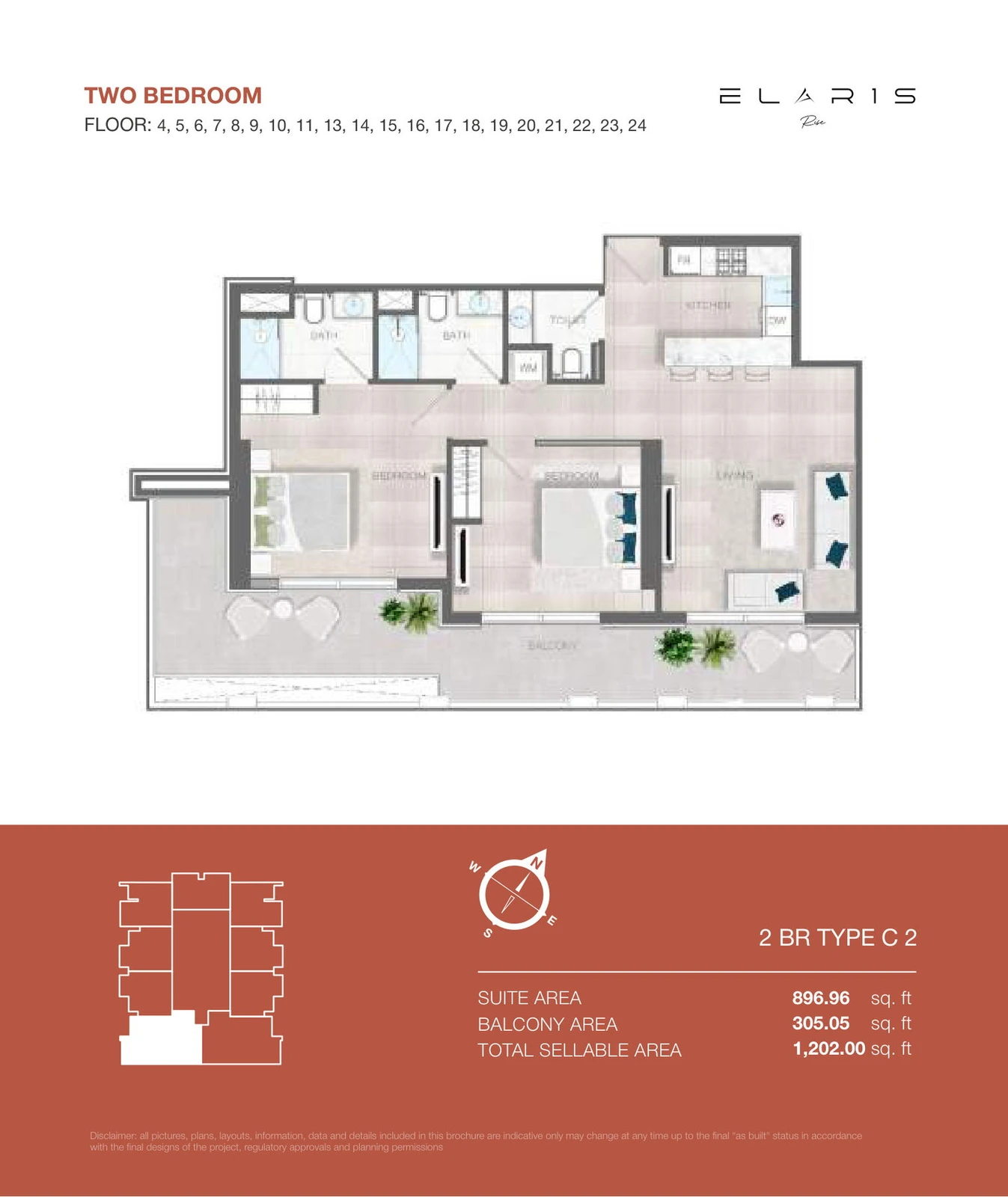 ELAR1S Rise 2-bedroom Type C 2 apartment floor plan, floors 4-11 and 13-24, total area 1,202.00 sq ft.