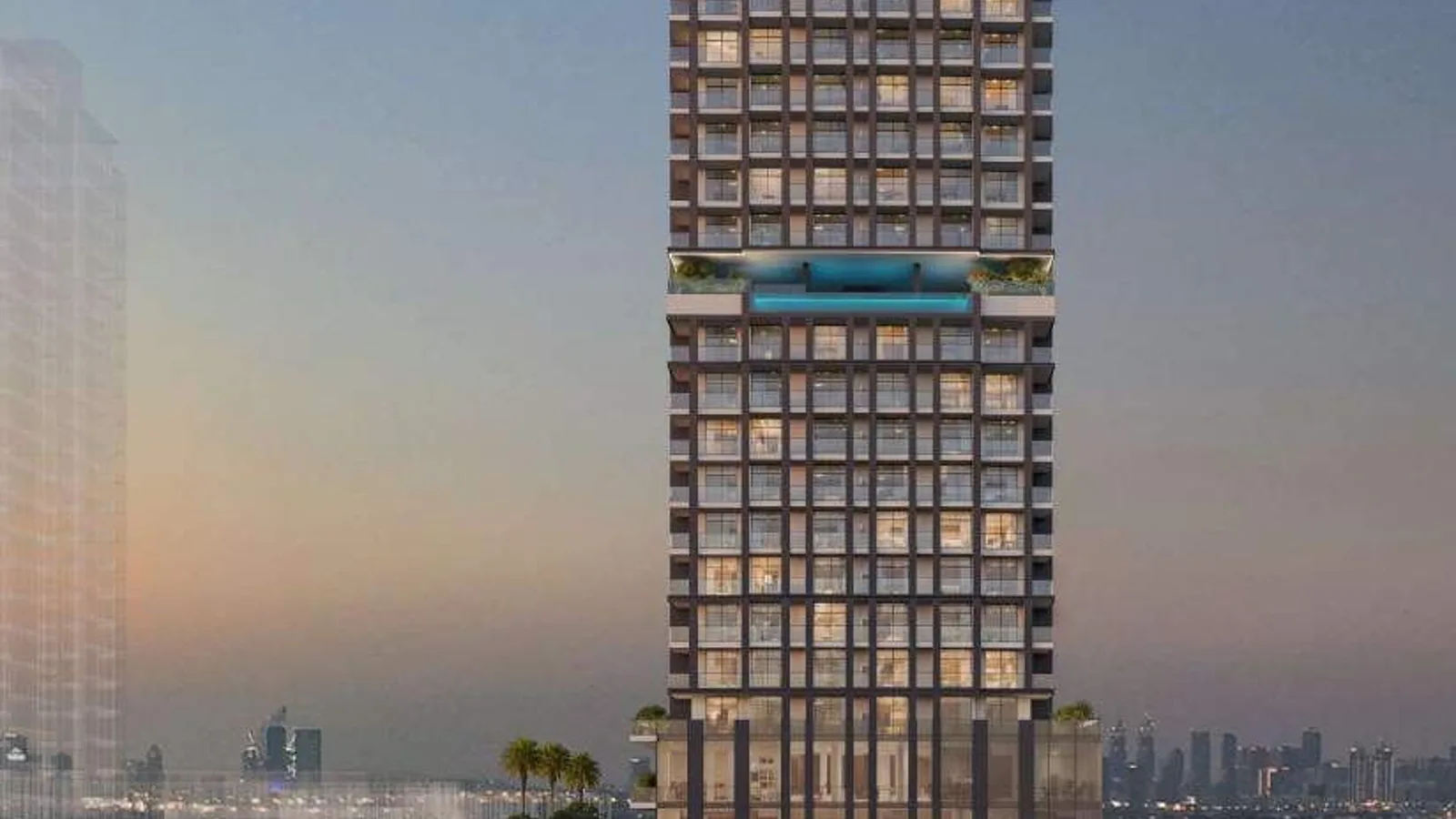 ELAR1S Rise at dusk with an elevated pool deck between the lower and upper residential levels.