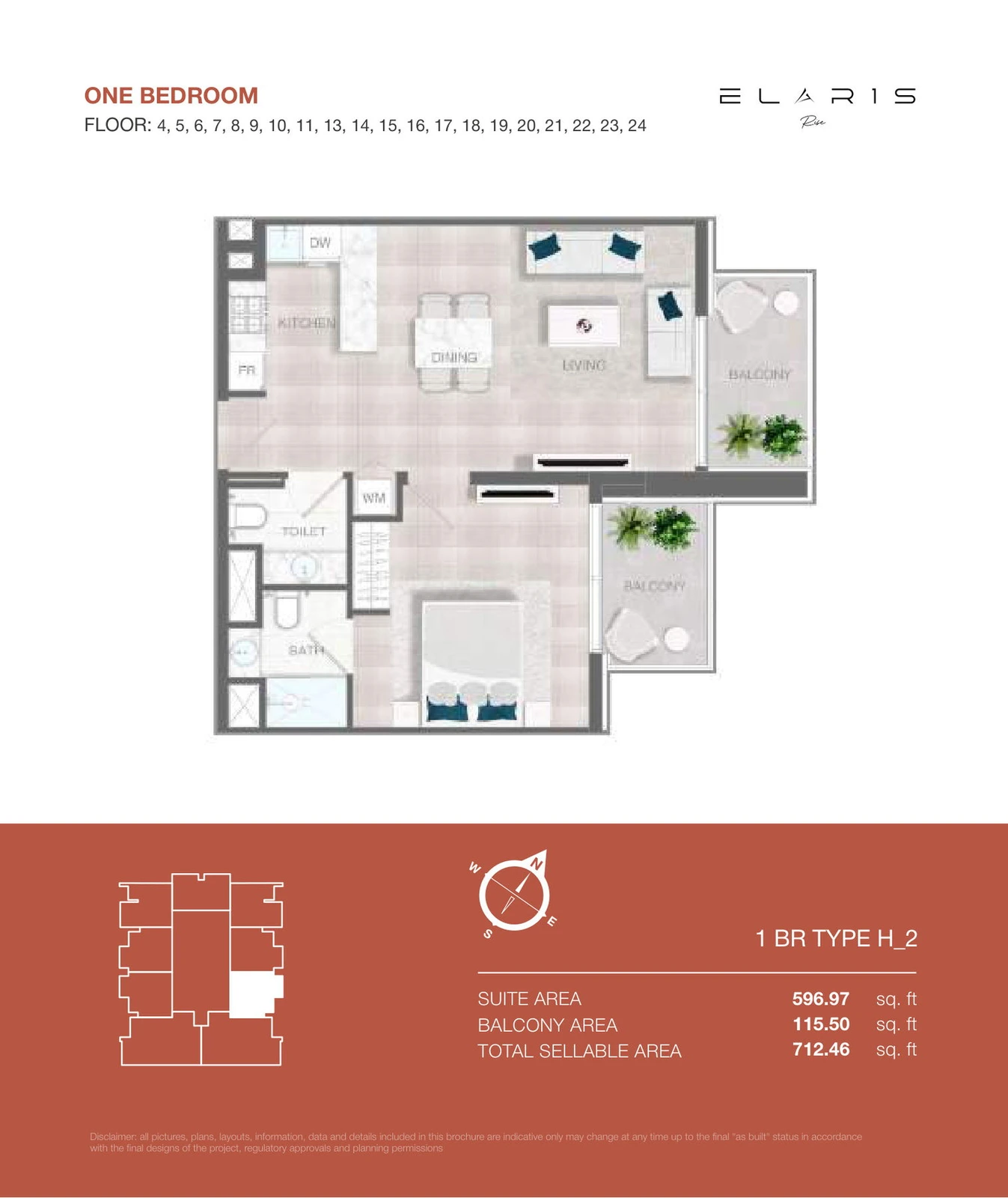 ELAR1S Rise 1-bedroom Type H 2 apartment floor plan, floors 4-11 and 13-24, total area 712.46 sq ft.