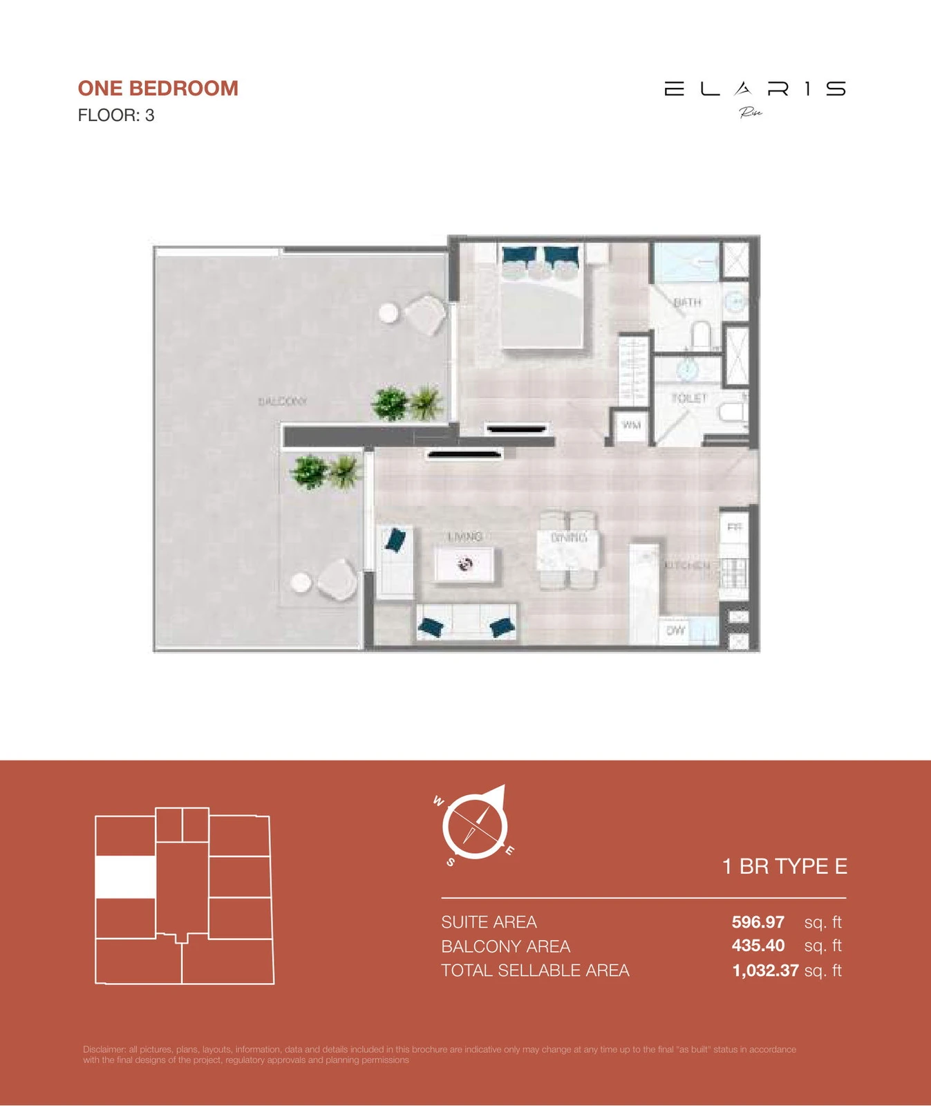 ELAR1S Rise 1-bedroom Type E apartment floor plan, floor 3, total area 1,032.37 sq ft.