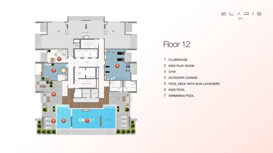 ELAR1S Rise floor-12 amenity master plan showing the swimming pool, children's pool, sun-lounger deck, gym, clubhouse, play room and outdoor lounge.