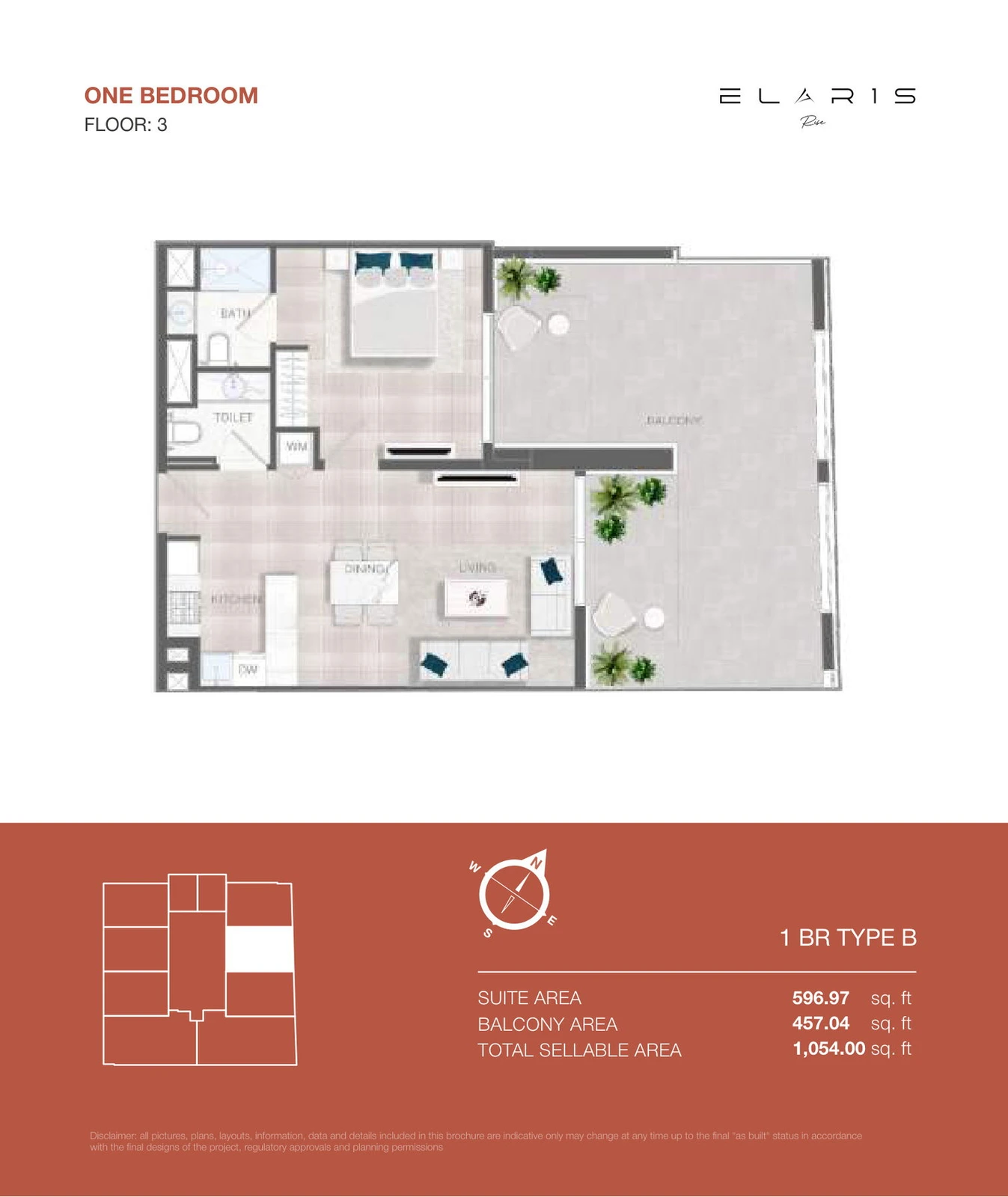 ELAR1S Rise 1-bedroom Type B apartment floor plan, floor 3, total area 1,054.00 sq ft.